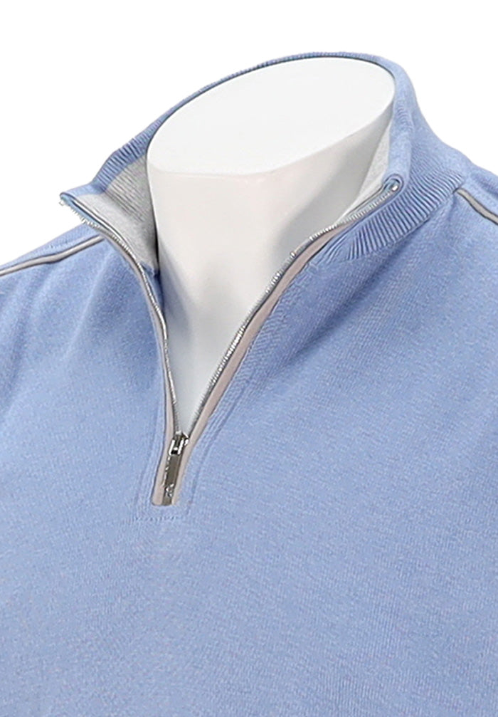 PAUL & SHARK Men's Leather Trim Cotton & Cashmere Half Zip Sweater In Light Blue Close Up