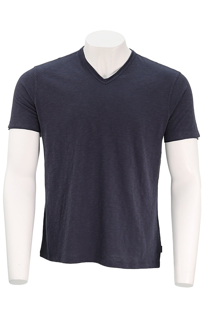 John Varvatos Miles Men’s Slub V-Neck T-Shirt in Oiled Blue Cotton with Raw Edge – Mondo Uomo