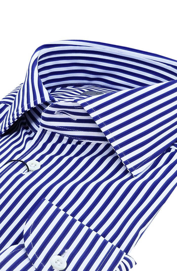 Corneliani Men's Performance Stretch L/S Shirt In Navy Stripe -Close Up 148802