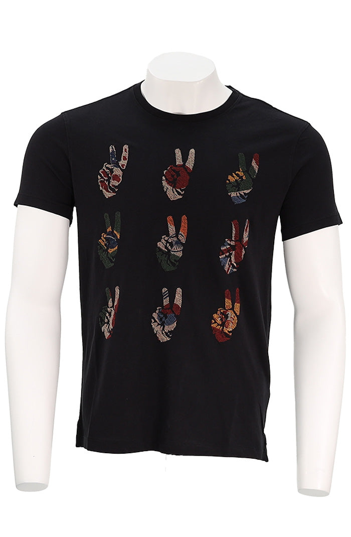 John Varvatos Multi Peace Hand Men’s Graphic Tee in Vintage Black Cotton with Embroidery – Mondo Uomo