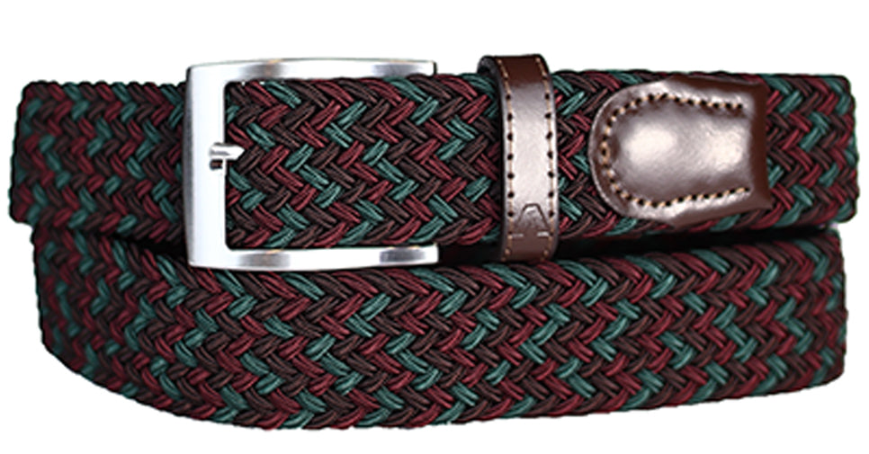 Alberto Men’s Braided Stretch Leather Belt in Green Red and Black with Antique Buckle - Mondo Uomo