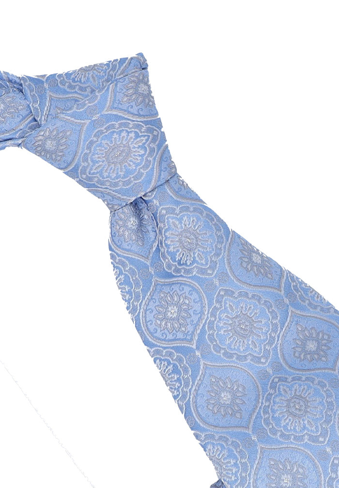Italo Ferretti Men's Tie With A Classic Medallion Pattern in a Serene Light Blue Close Up