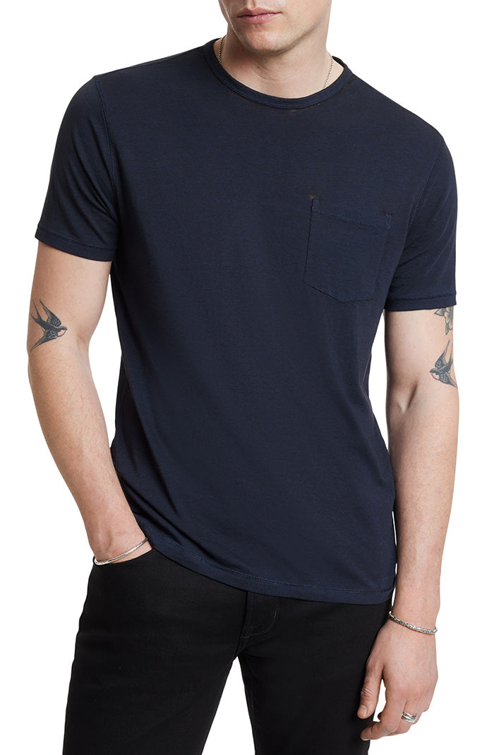 John Varvatos Bond Men’s Navy Short Sleeve Burnout Crew T-Shirt On Model