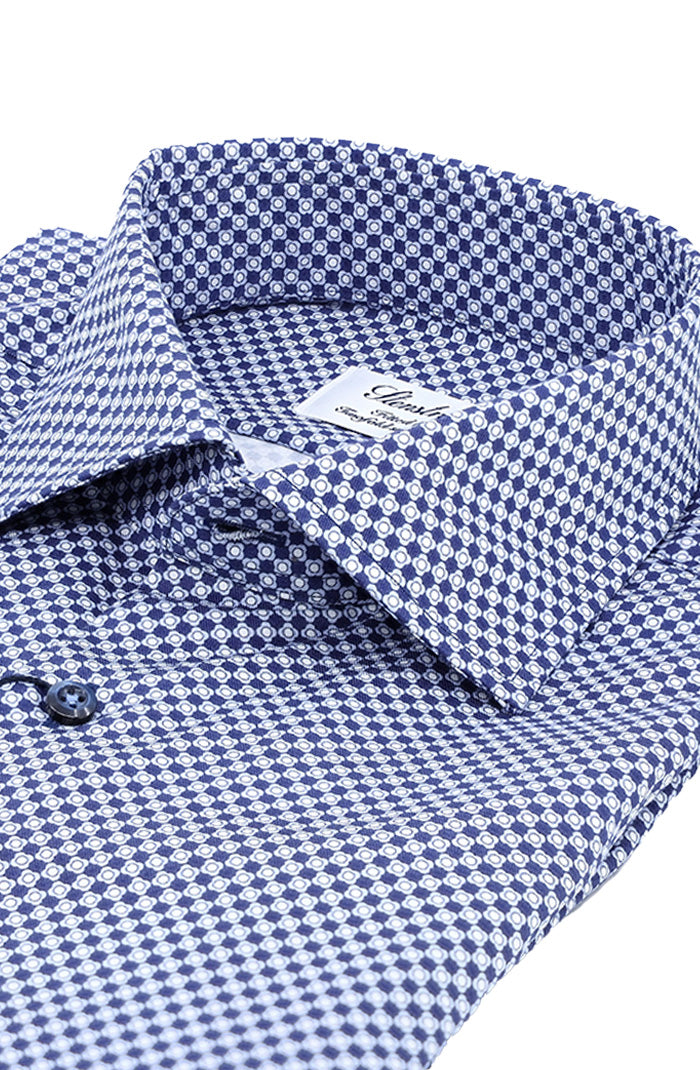 Stenstroms Men’s Blue Patterned Twill Shirt with Printed Design and Cutaway Collar Close Up 12751-8826