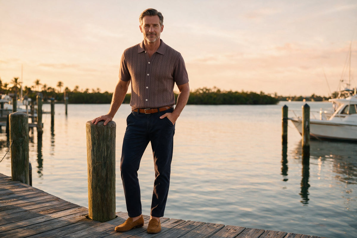 Bugatchi walnut cable knit with Alberto 1607 diamond brushed cotton in navy on a dock on Naples Bay at golden hour
