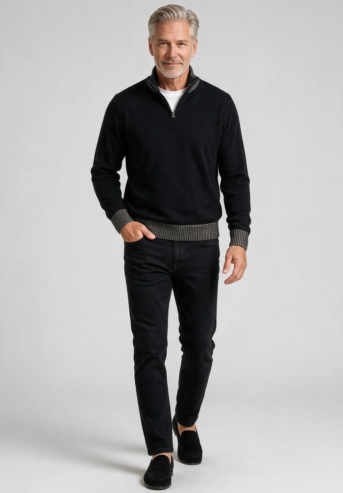 Wool Half Zip Sweater — worn with black denim