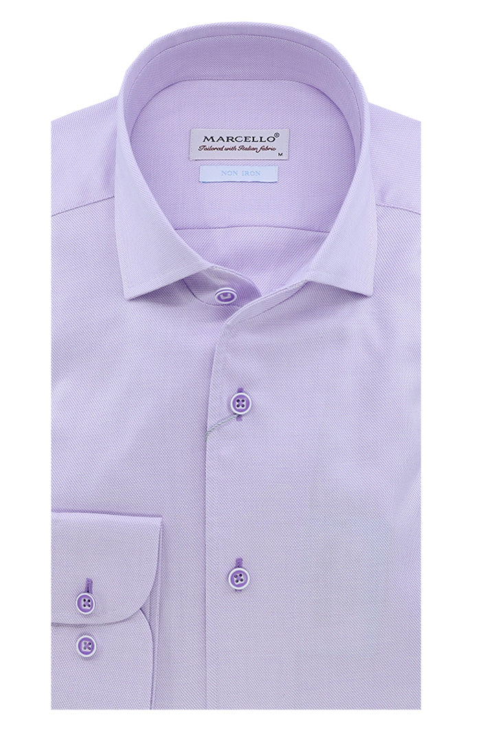 Marcello Men’s Fine Pique Roll Collar Shirt in Lilac Non-Iron Cotton - Mondo Uomo