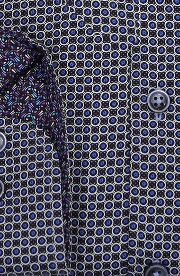 Marcello Circle Medallion Long Sleeve Shirt, Navy — fabric close-up