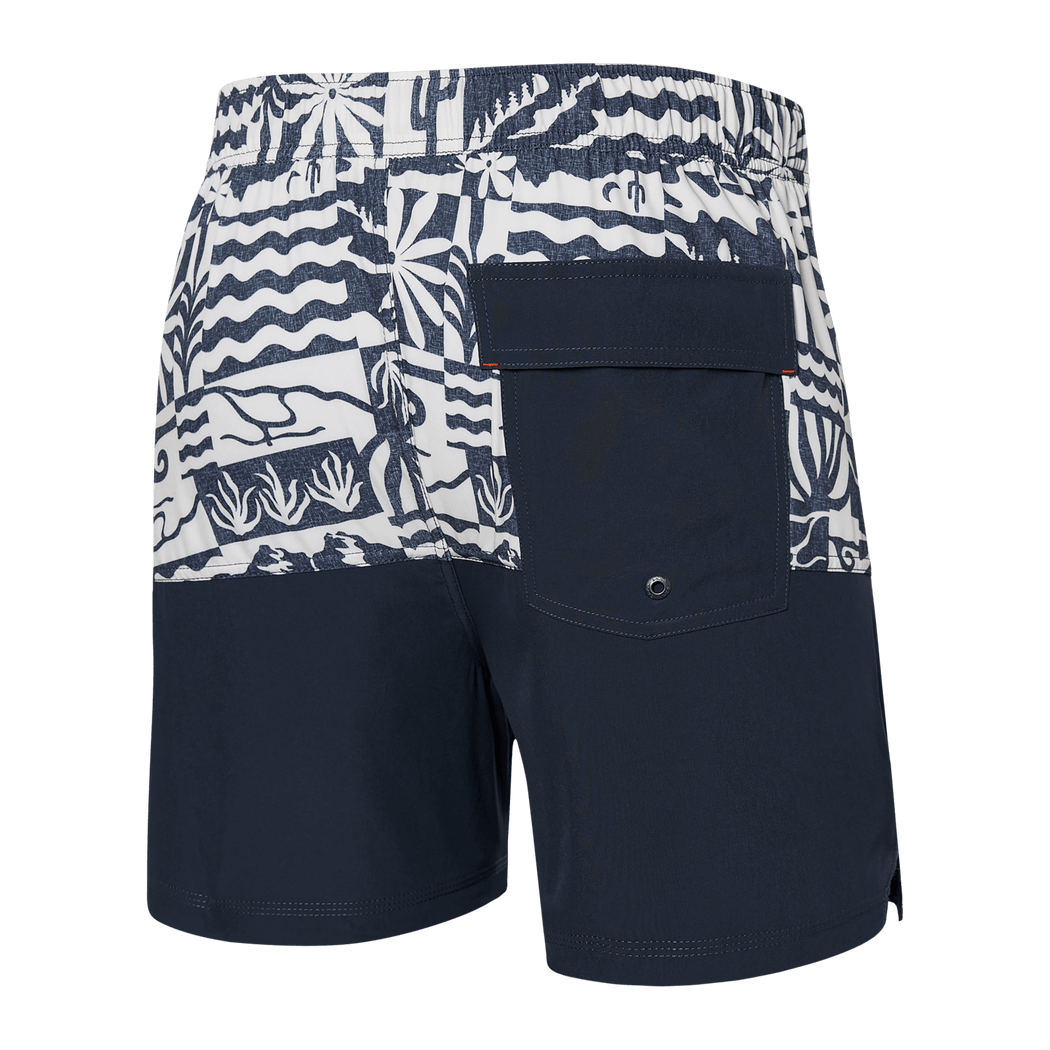 Back view of Saxx Oh Buoy Men's Navy and White Graphic Print Swim Shorts with Elastic Waistband