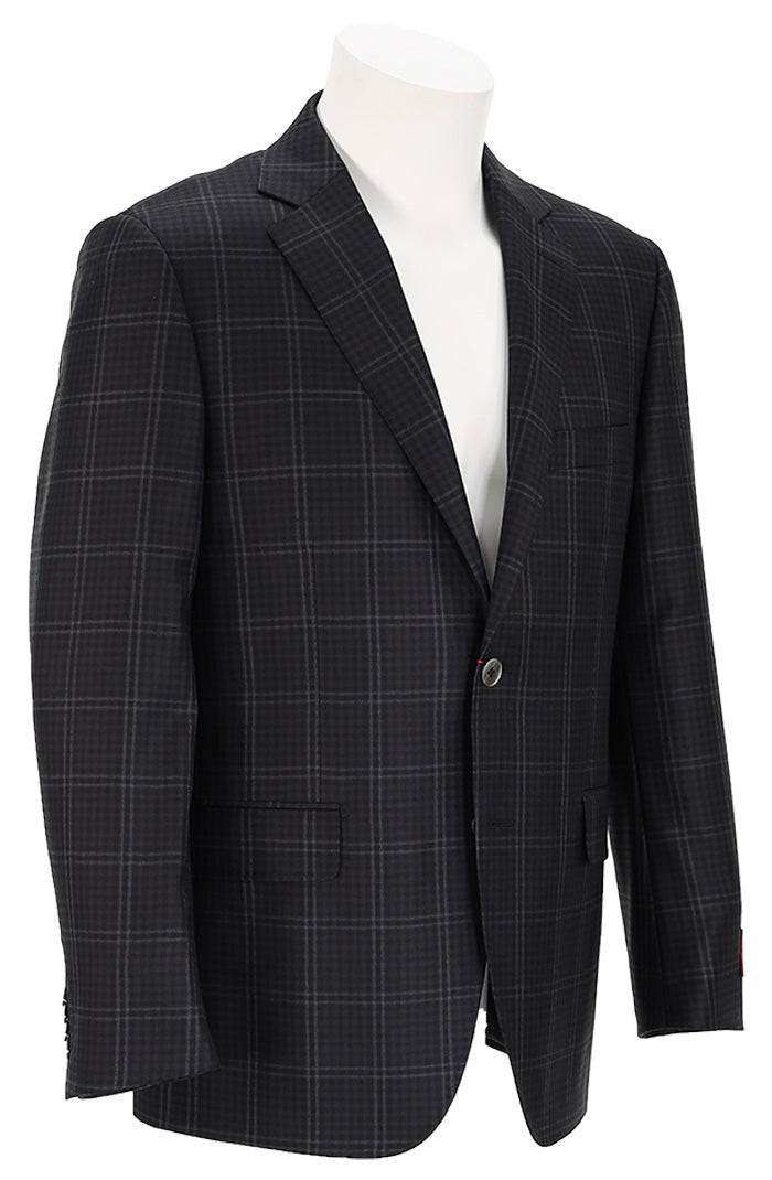 Byron Men’s Black Check Sport Coat with Contemporary Fit and Notched Lapels Angled View - Mondo Uomo
