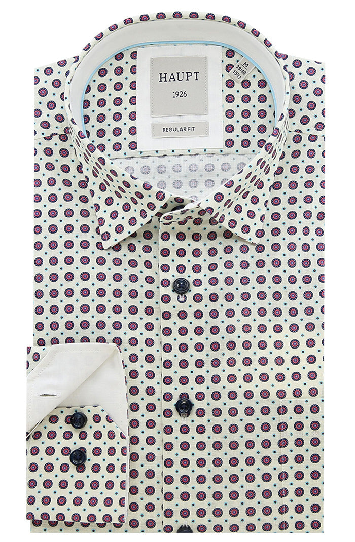 Haupt Long Sleeve Men’s Shirt in White with Purple and Red Medallion Print – Mondo Uomo