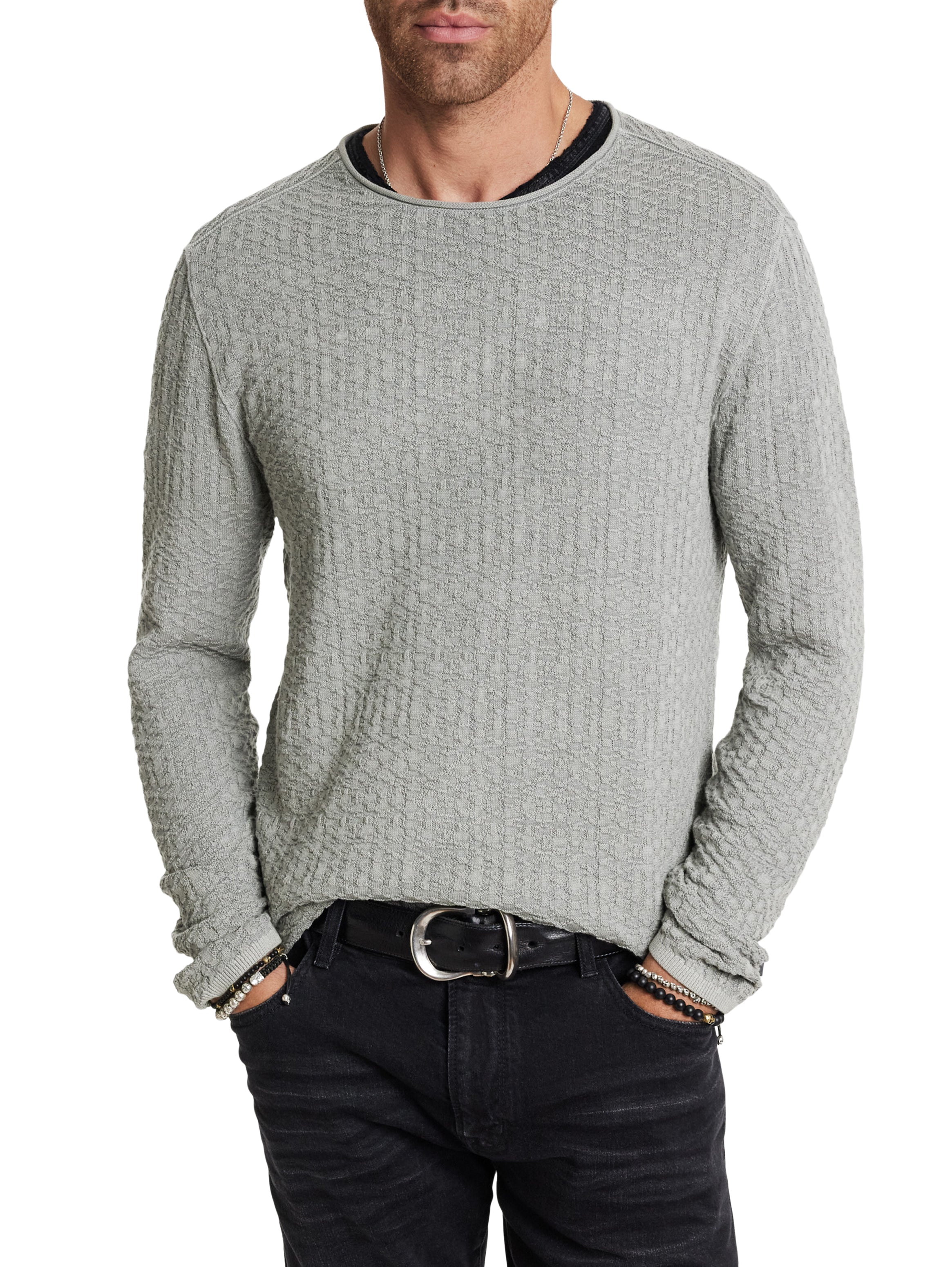 John Varvatos Men's Riley L/S Texture Crew Neck In Smoked Pearl Grey On Model