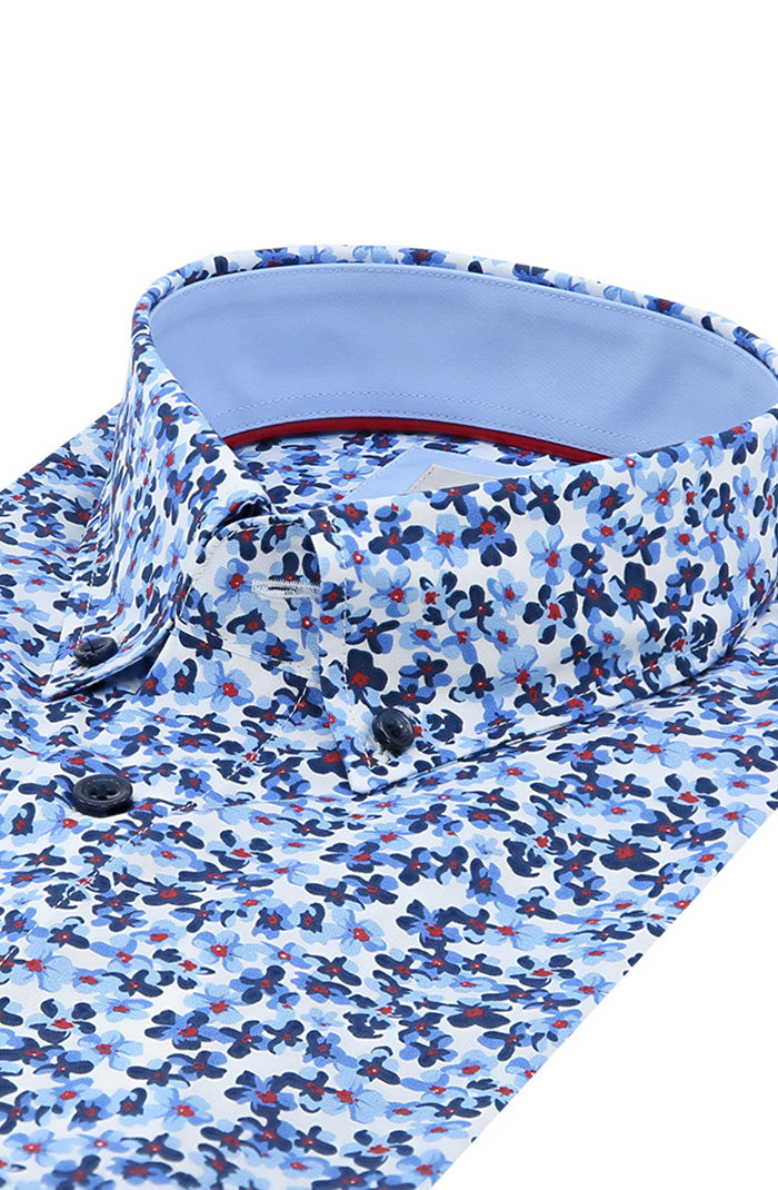 Haupt Men's Long Sleeve Shirt in Blue Floral Print Close Up 9027-1404