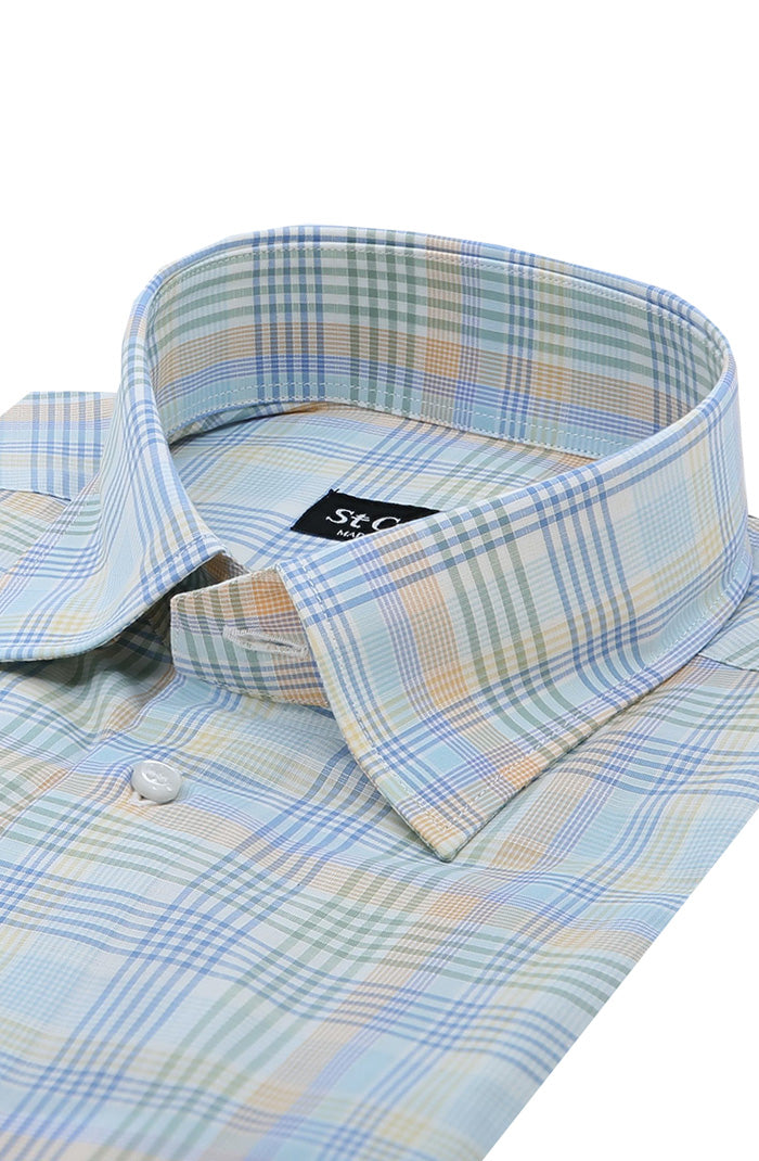 St. Croix Men's Long Sleeve Soft Color Plaid Shirt In Pastel Palette Close Up 8525