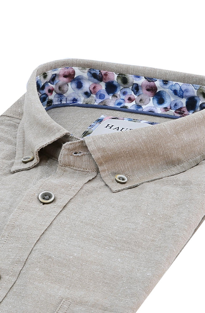 Haupt Men's Short Sleeve Shirt in Natural Hue with Floral Accent 8070 S/S Close Up