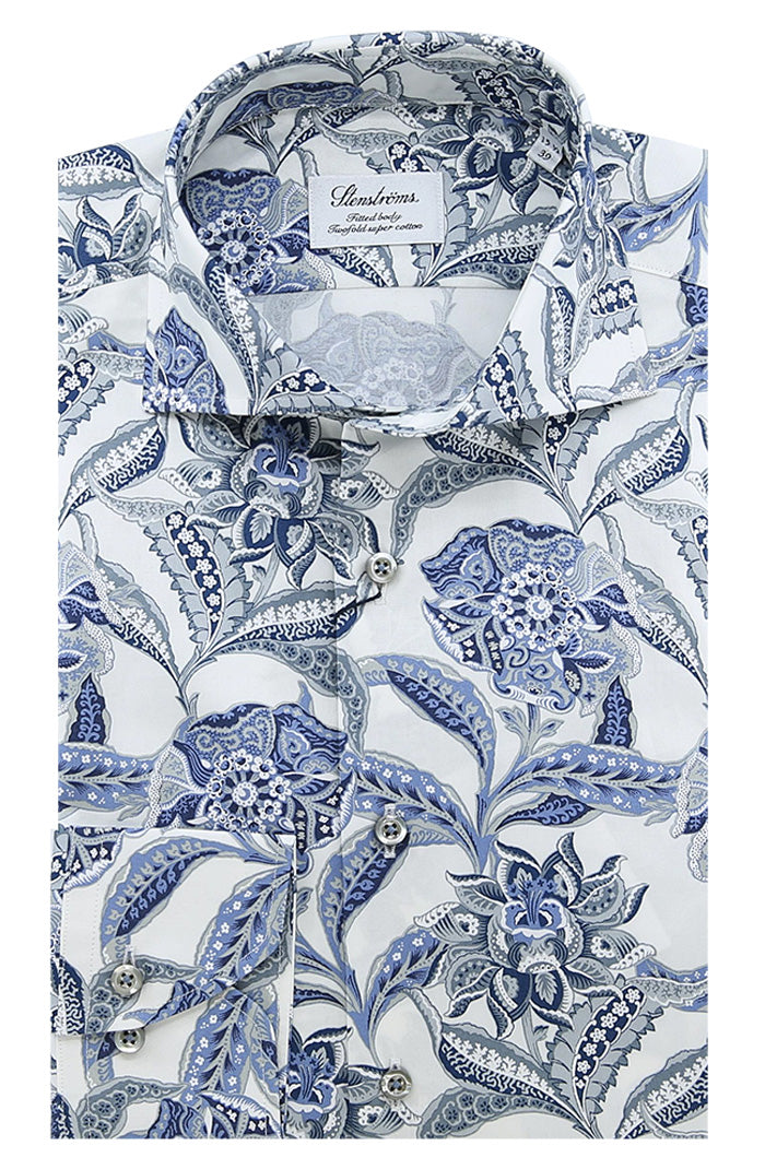 Stenstroms Men's Blue Floral Print Long Sleeve Shirt 612111 8152 - Mondo Uomo