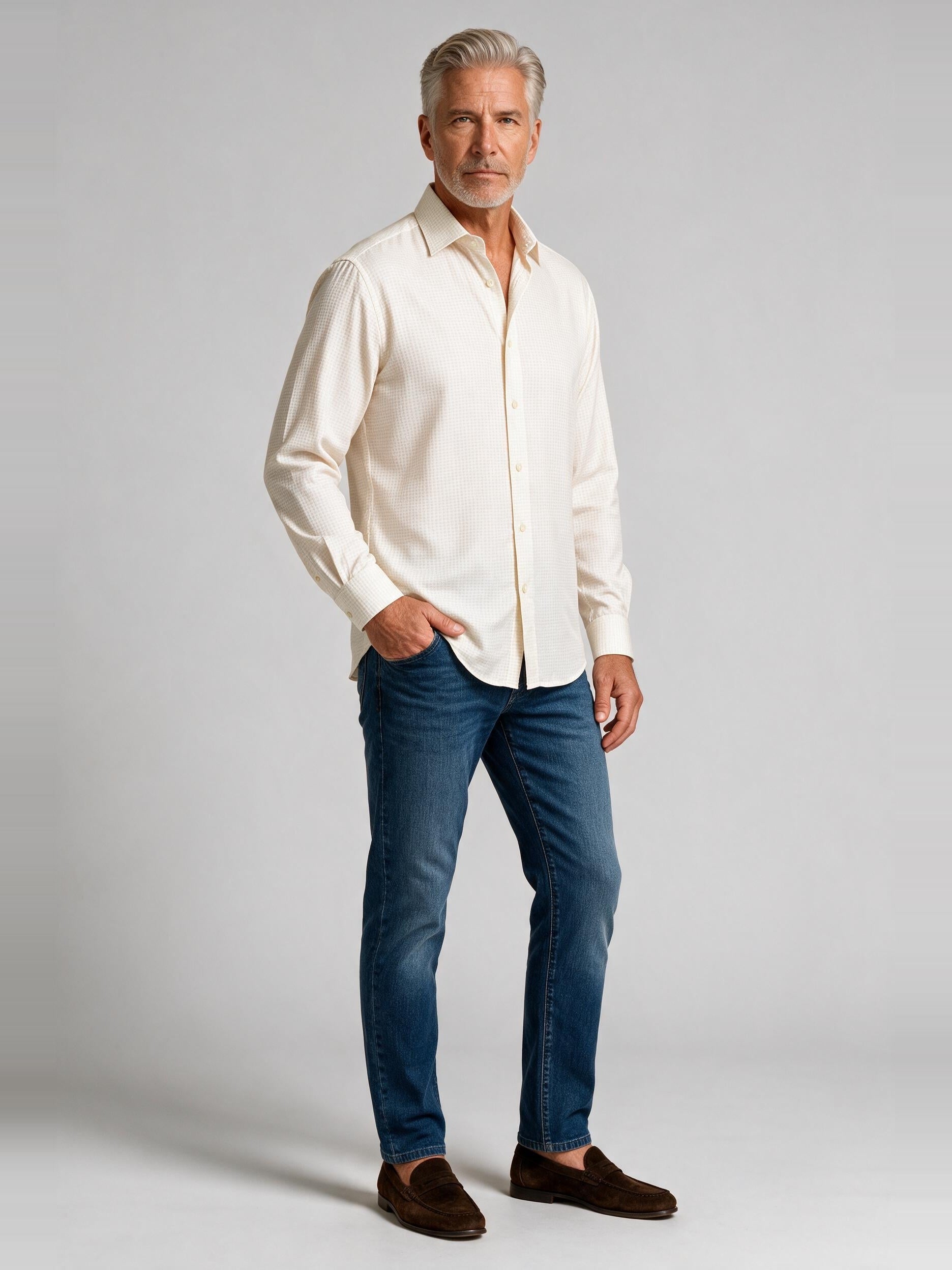 Bugatchi L/S Alvin Shirt, Almond, worn with denim | Mondo Uomo Naples FL