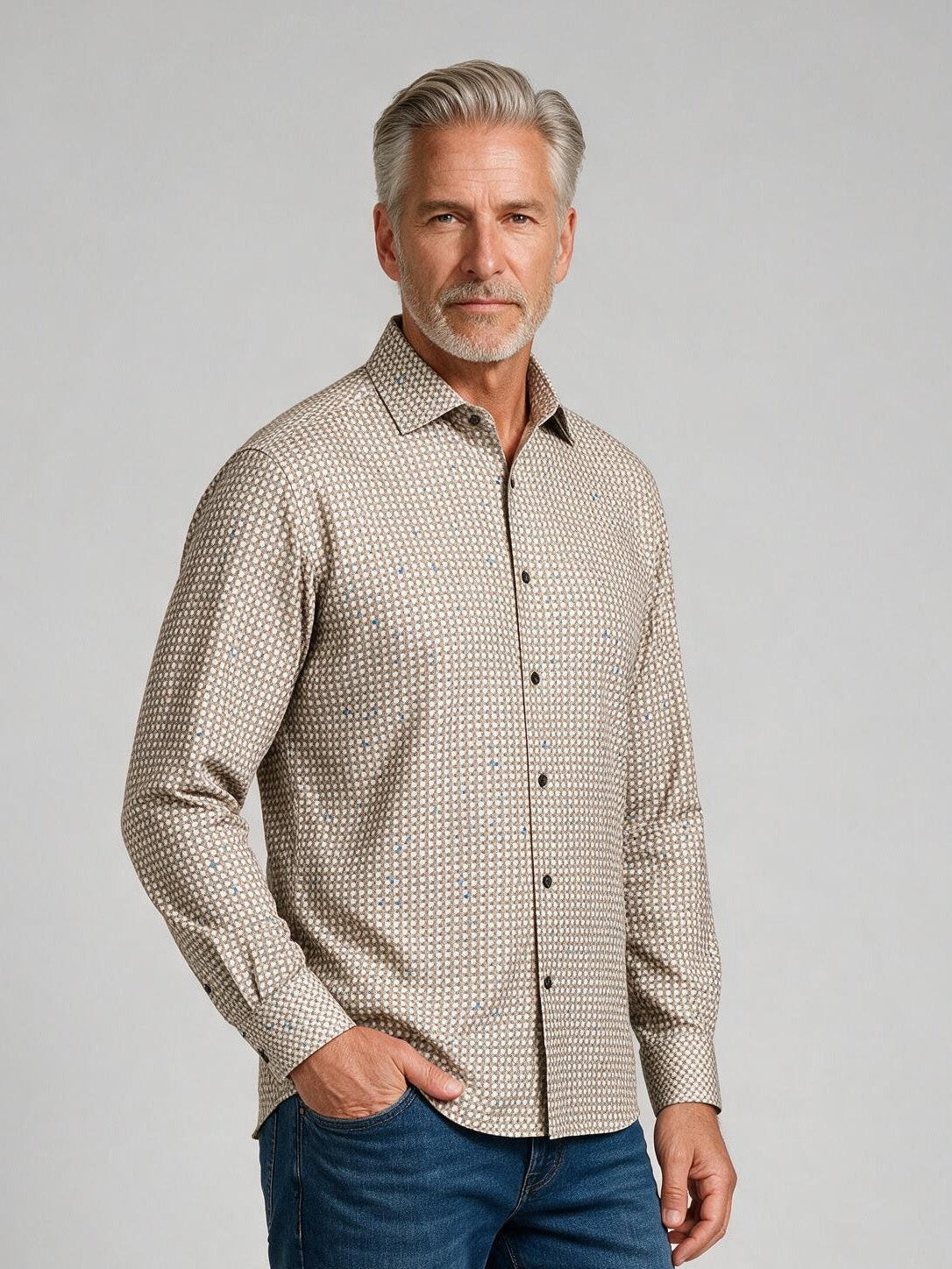 Bugatchi L/S Alvin Shirt, Limestone, detail | Mondo Uomo Naples FL