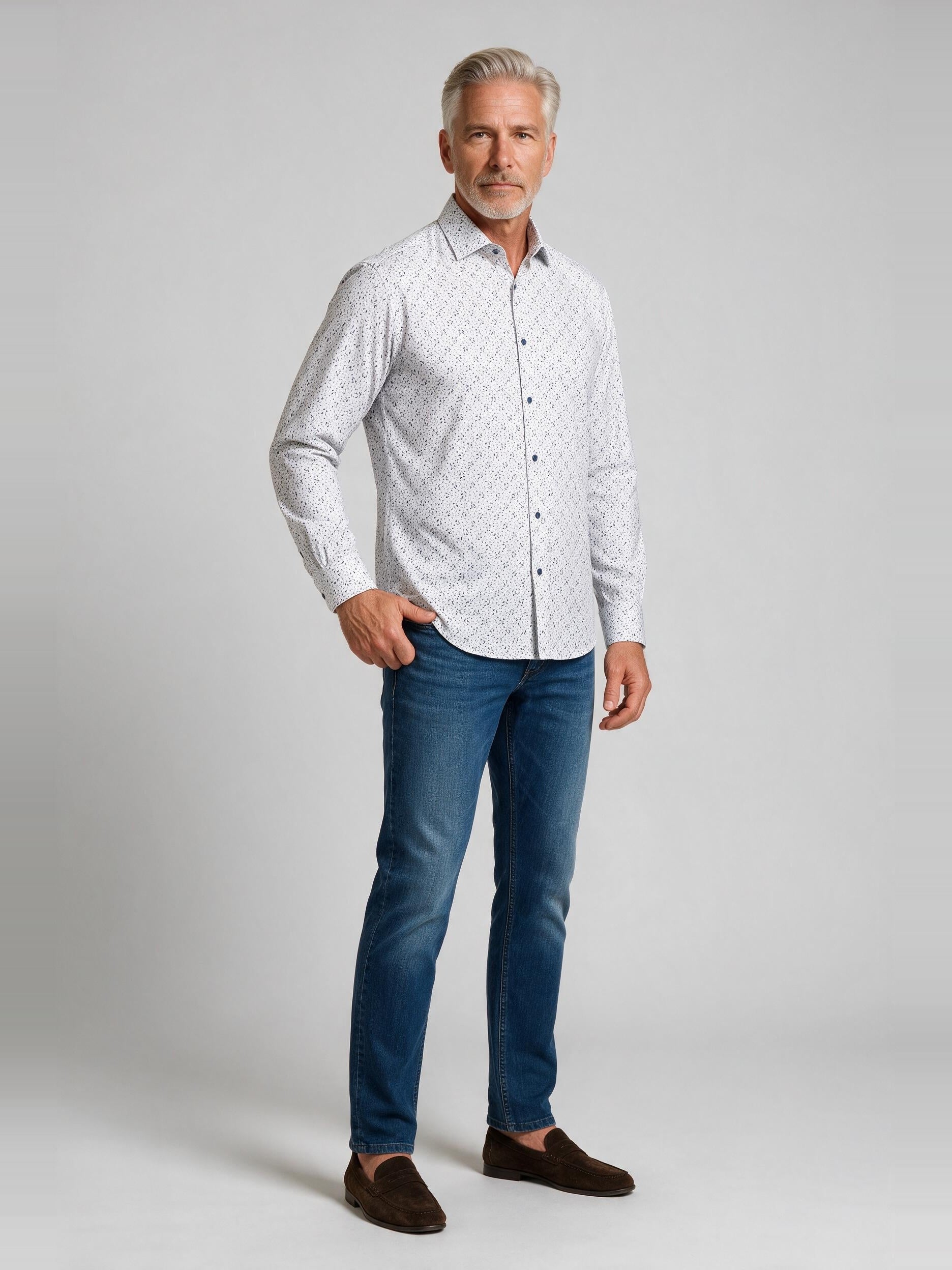 Bugatchi L/S Alvin Shirt, Marine Blue, worn with denim | Mondo Uomo Naples FL