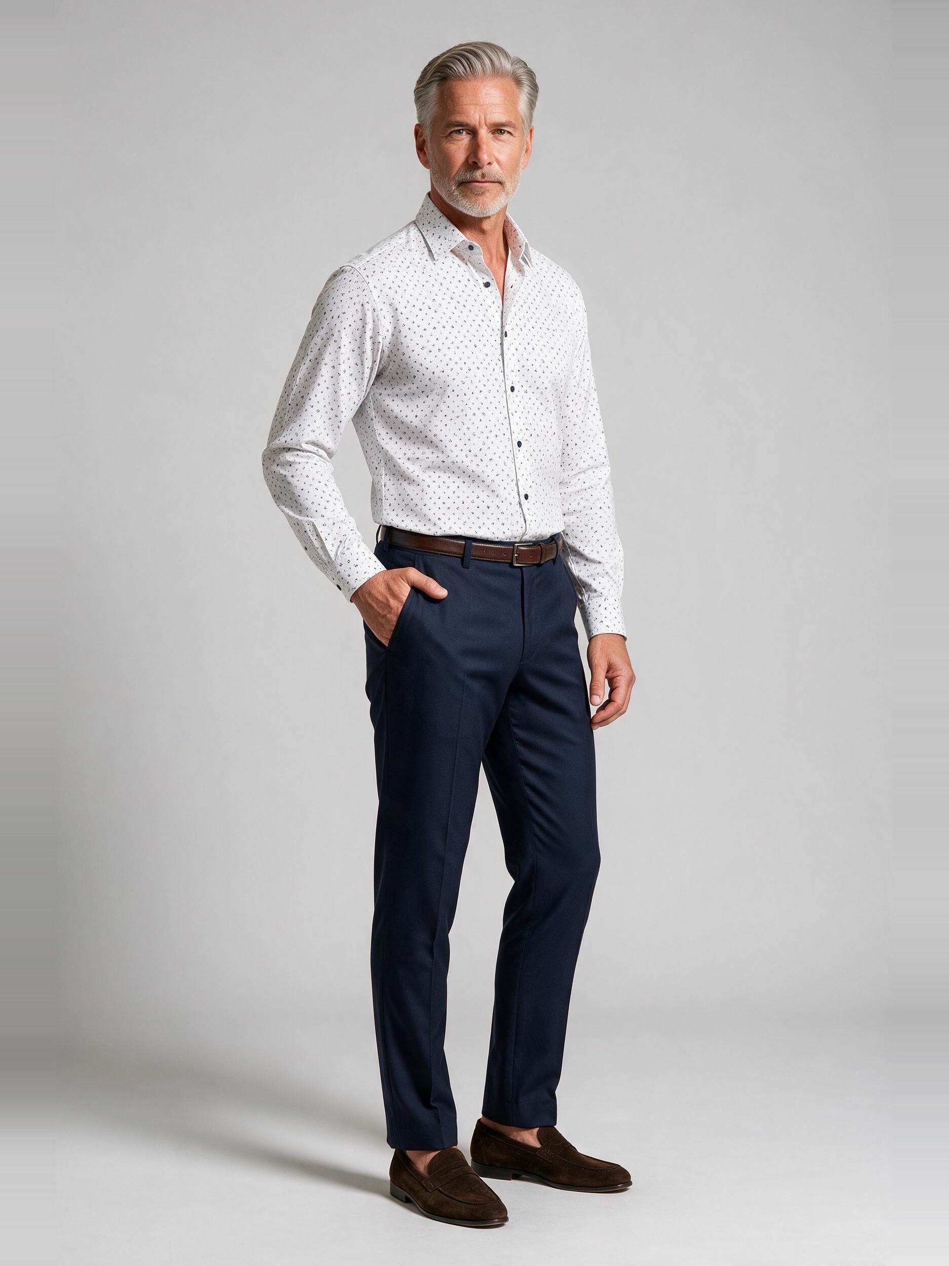Bugatchi L/S Alvin Shirt, Marine Blue, worn with a dress trouser | Mondo Uomo Naples FL