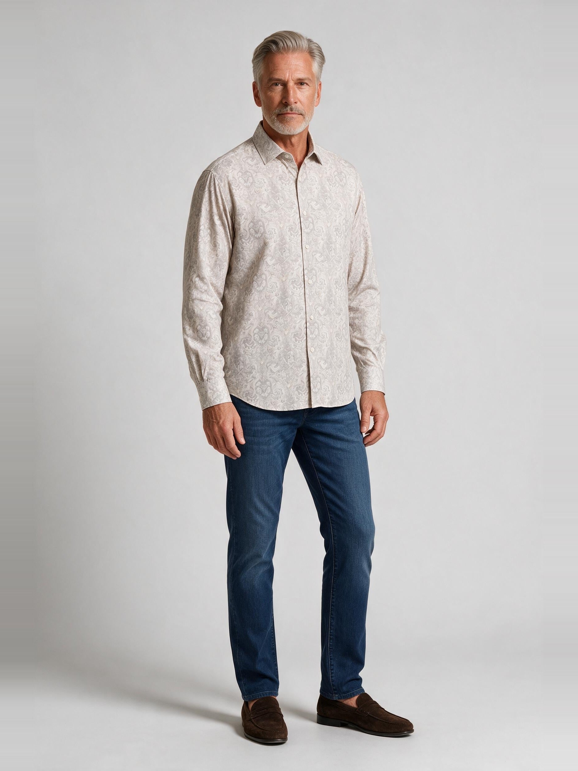 Bugatchi L/S Axel Shirt, Limestone, worn with denim | Mondo Uomo Naples FL