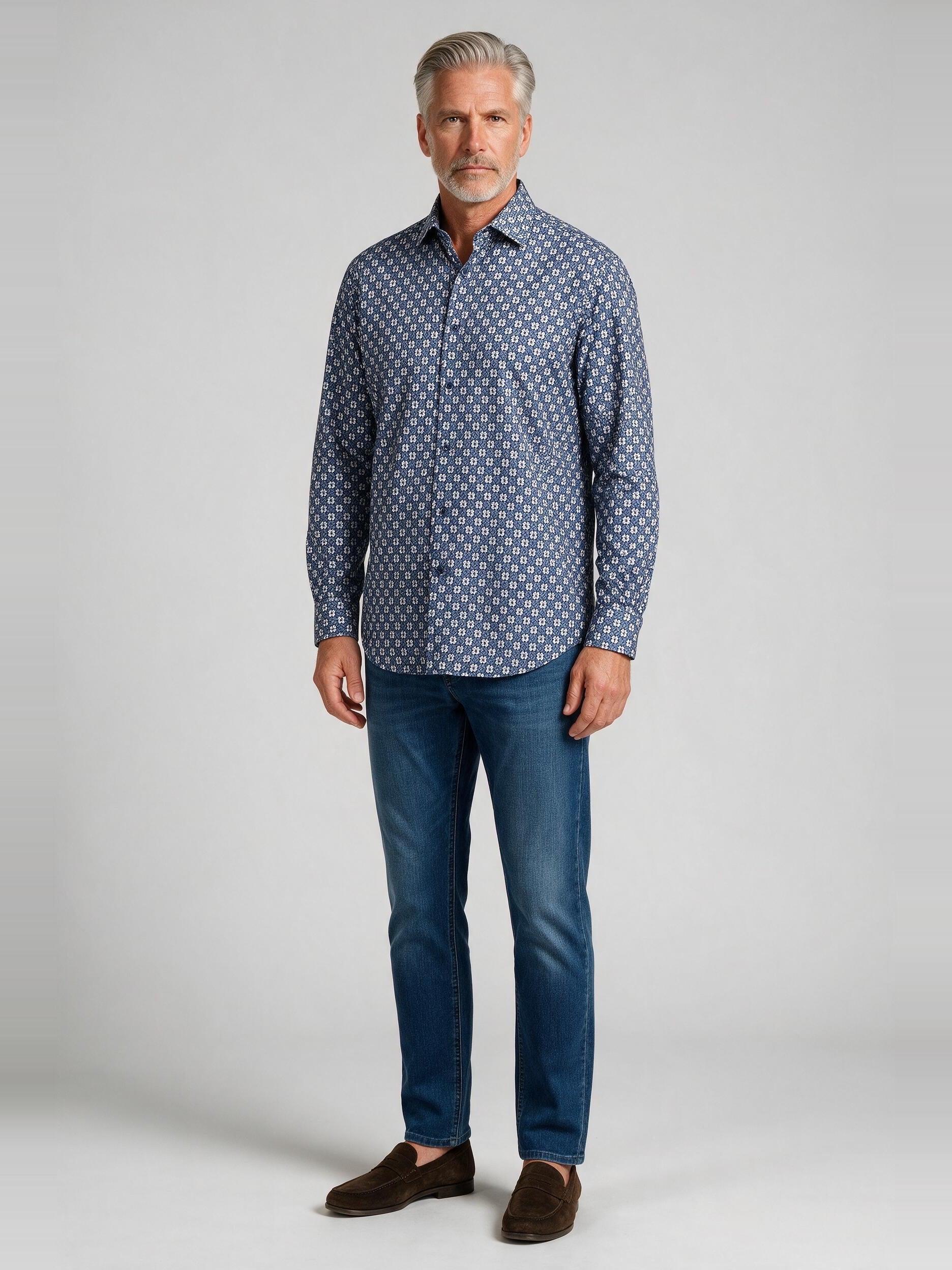 Bugatchi L/S Axel Shirt, Navy, worn with denim | Mondo Uomo Naples FL