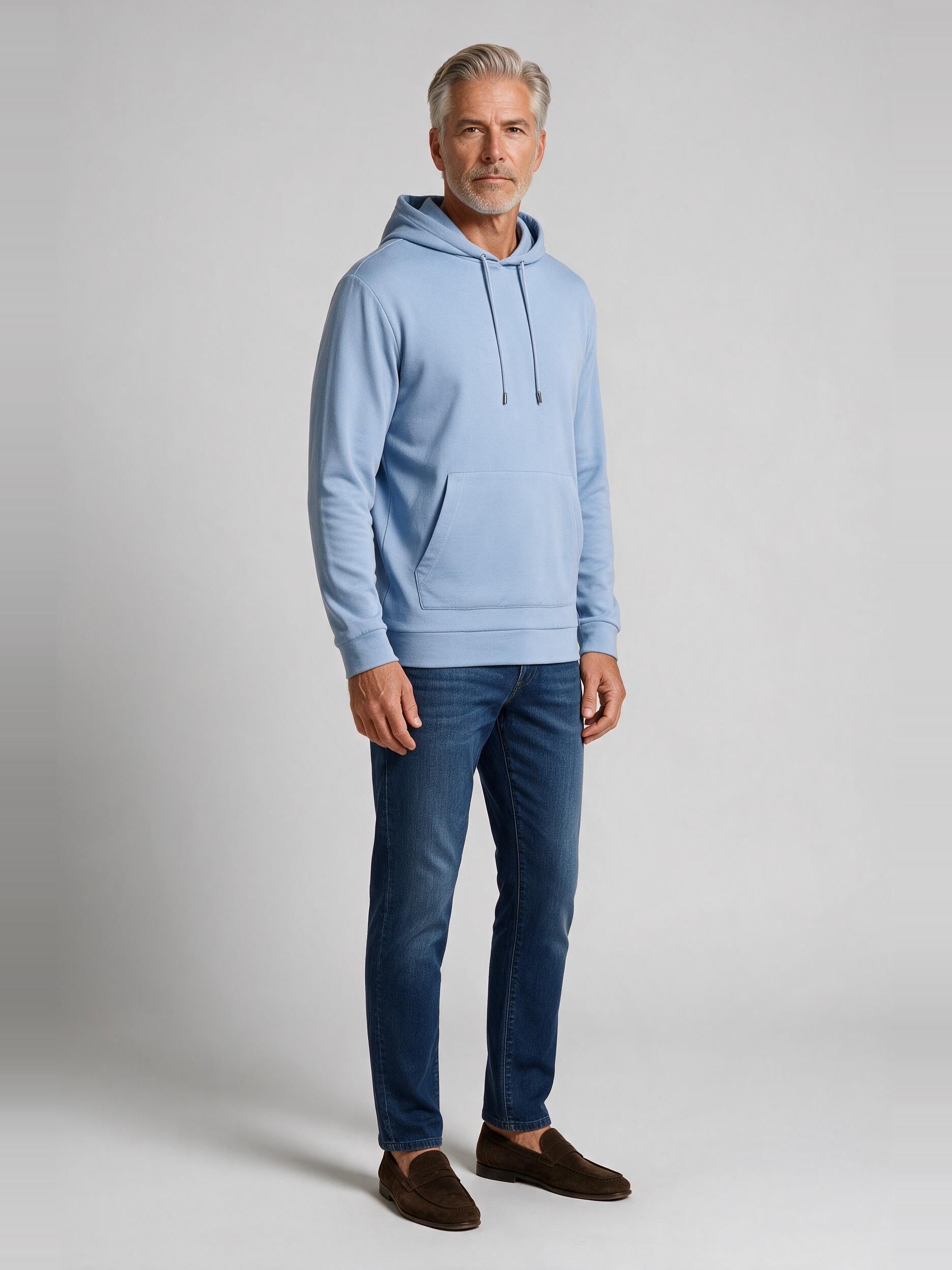 Bugatchi L/S Hoodie, Sky, worn with denim | Mondo Uomo Naples FL