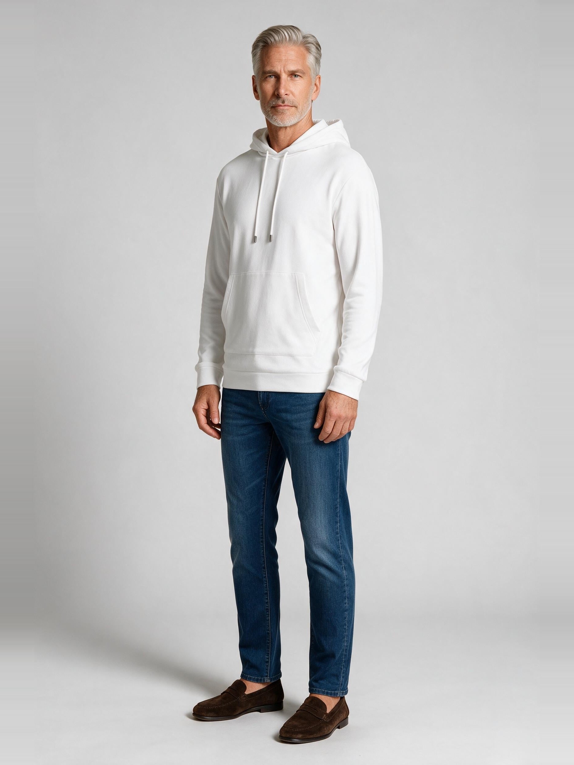 Bugatchi L/S Hoodie, White, worn with denim | Mondo Uomo Naples FL