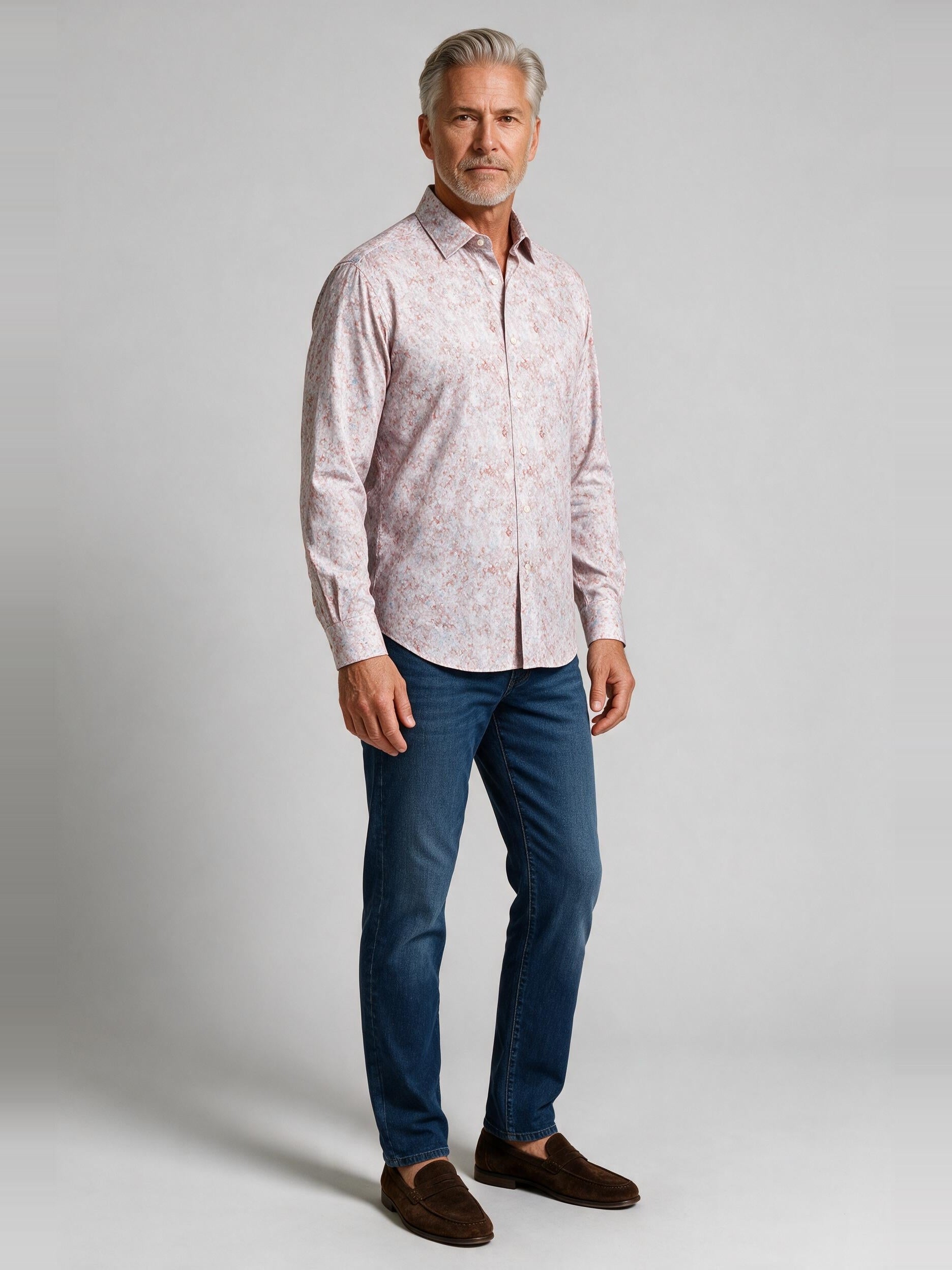 Bugatchi L/S Julian Shirt, Dusty Pink, worn with denim | Mondo Uomo Naples FL