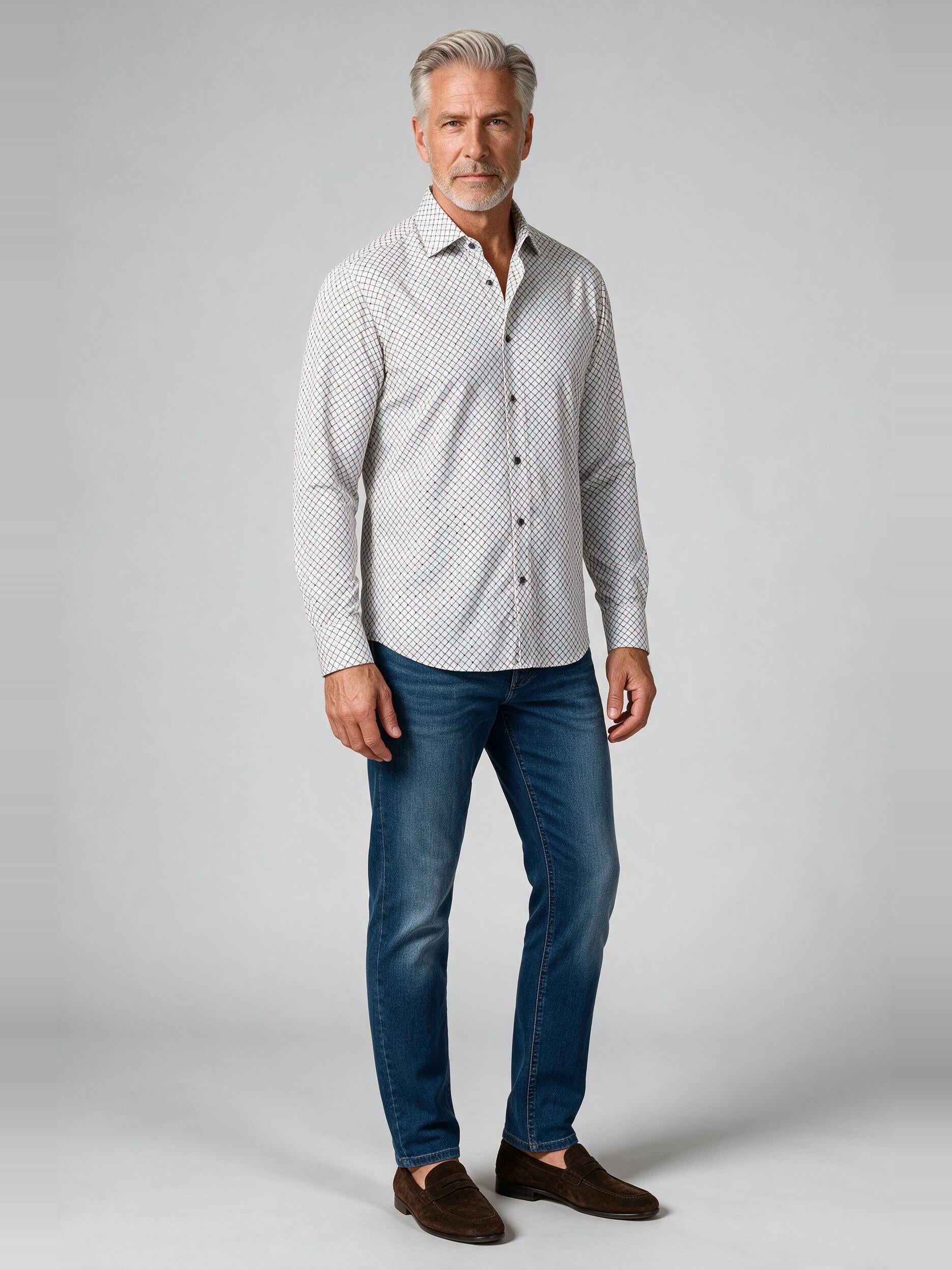 Bugatchi Ooohcotton L/S Devon Shirt, Avocado, worn with denim | Mondo Uomo Naples FL