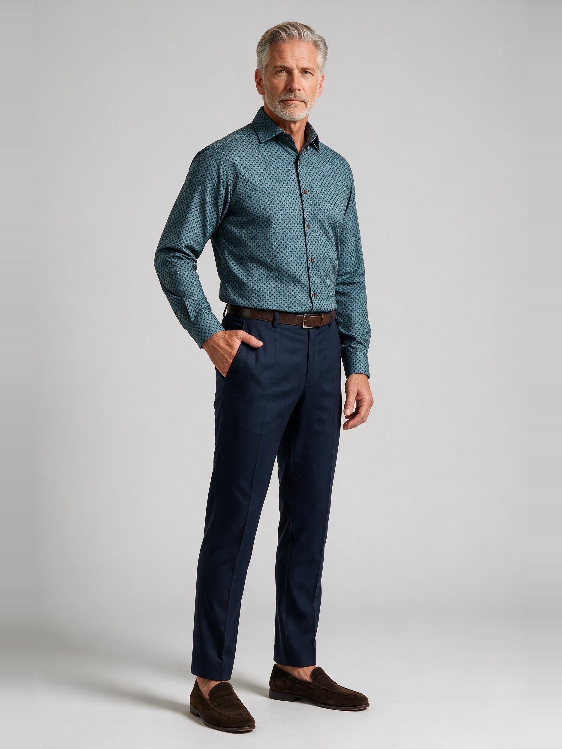 Bugatchi Ooohcotton L/S Devon Shirt, Peacock, worn with a dress trouser | Mondo Uomo Naples FL