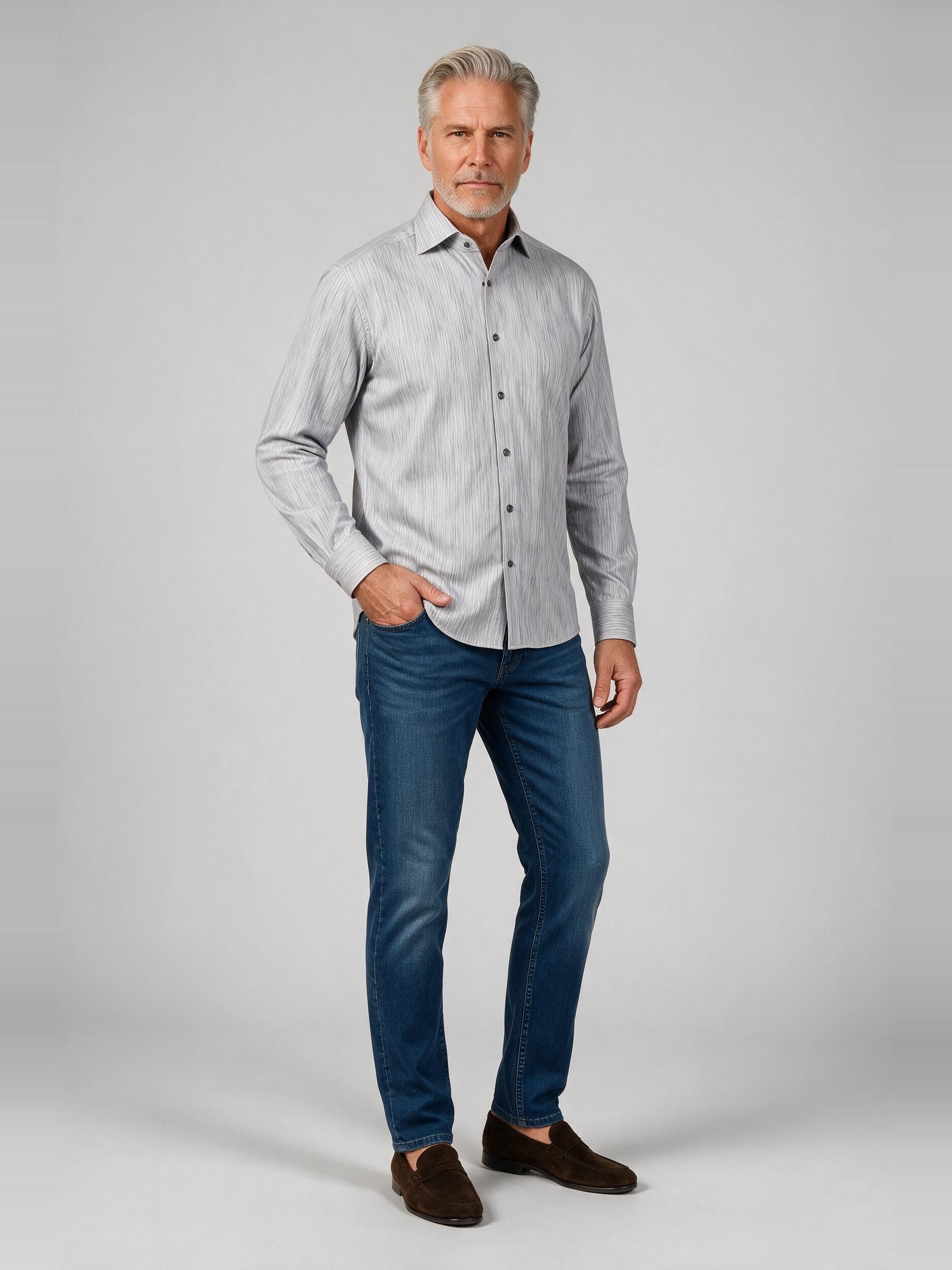 Bugatchi Ooohcotton L/S Devon Shirt, Platinum, worn with denim | Mondo Uomo Naples FL