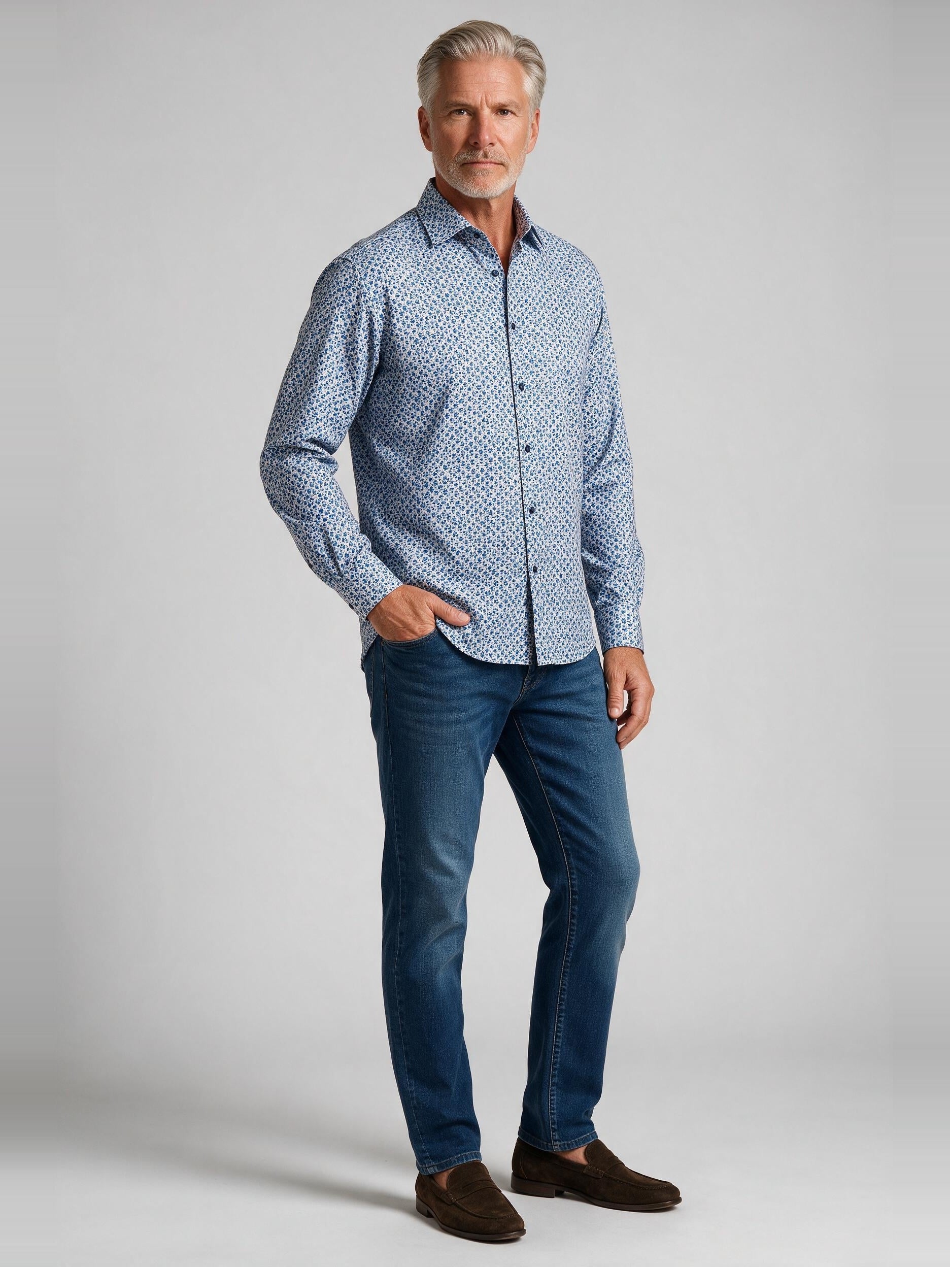 Bugatchi Ooohcotton L/S James Shirt, Air Blue, worn with denim | Mondo Uomo Naples FL
