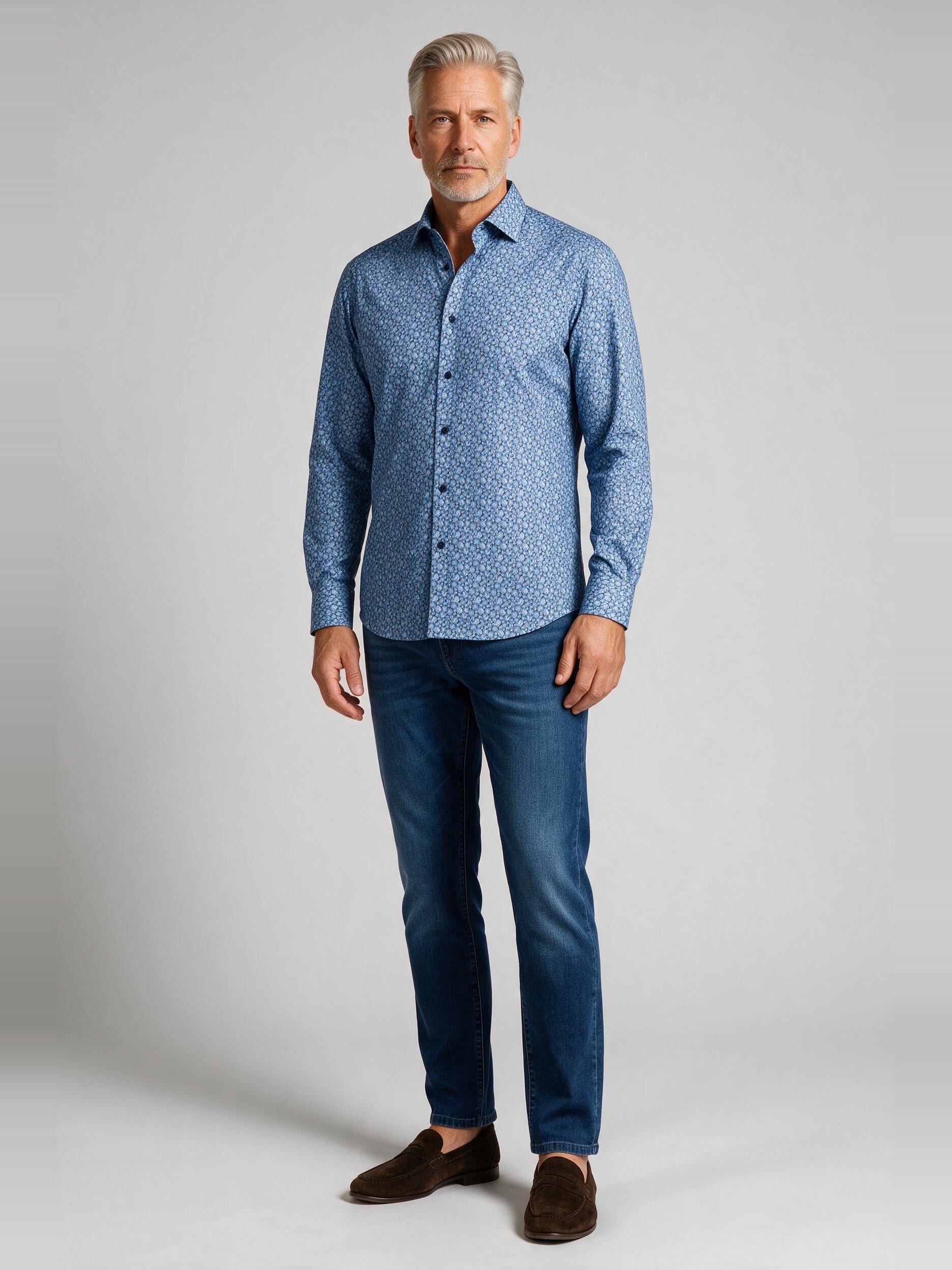 Bugatchi Ooohcotton L/S James Shirt, Classic Blue, worn with denim | Mondo Uomo Naples FL