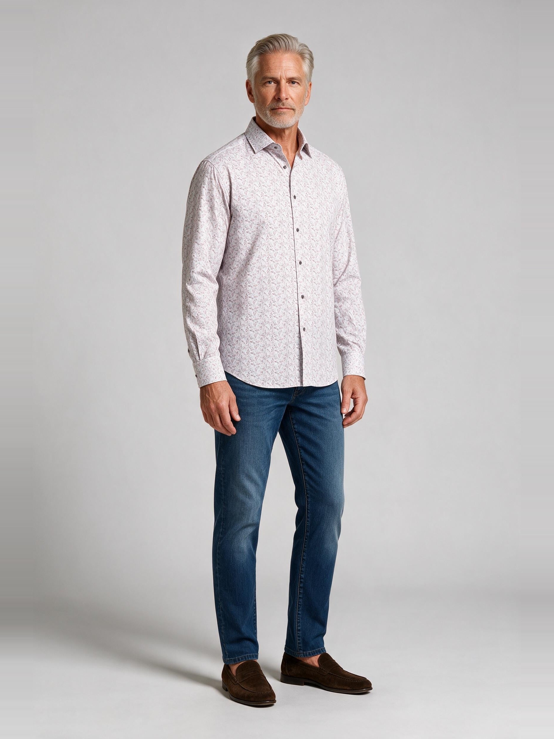 Bugatchi Ooohcotton L/S James Shirt, Dusty Pink, worn with denim | Mondo Uomo Naples FL