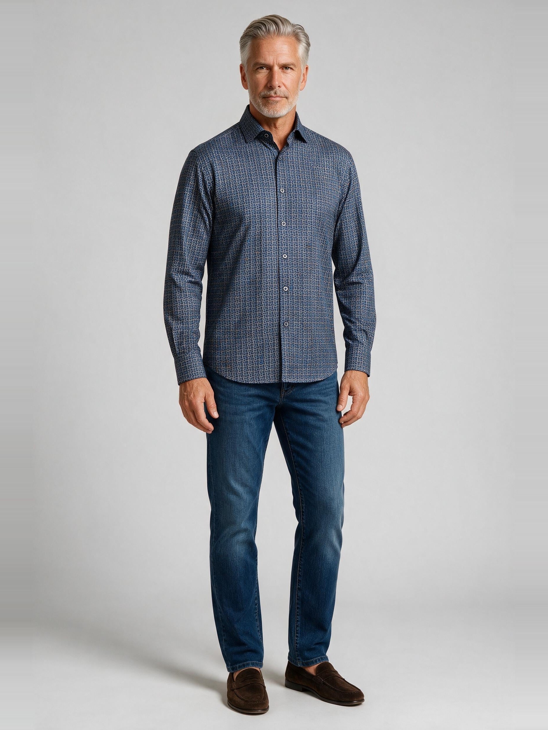 Bugatchi Ooohcotton L/S James Shirt, Indigo, worn with denim | Mondo Uomo Naples FL