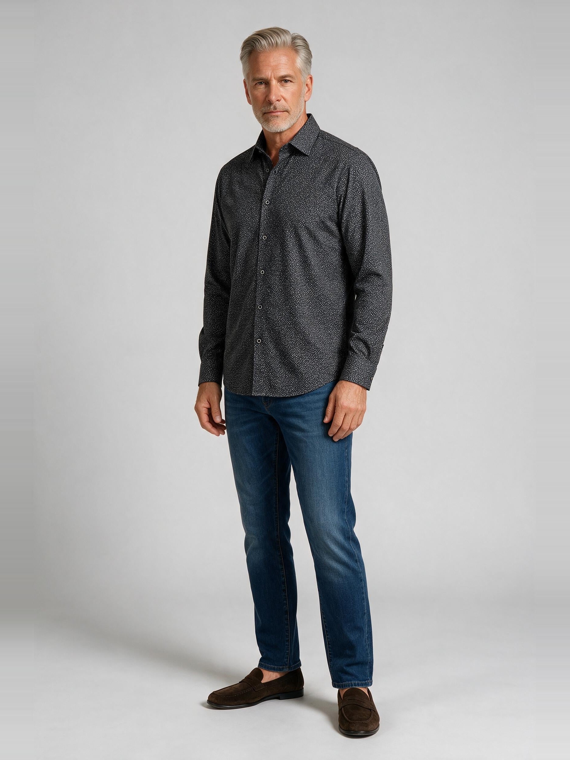 Bugatchi Ooohcotton L/S James Shirt, White, worn with denim | Mondo Uomo Naples FL
