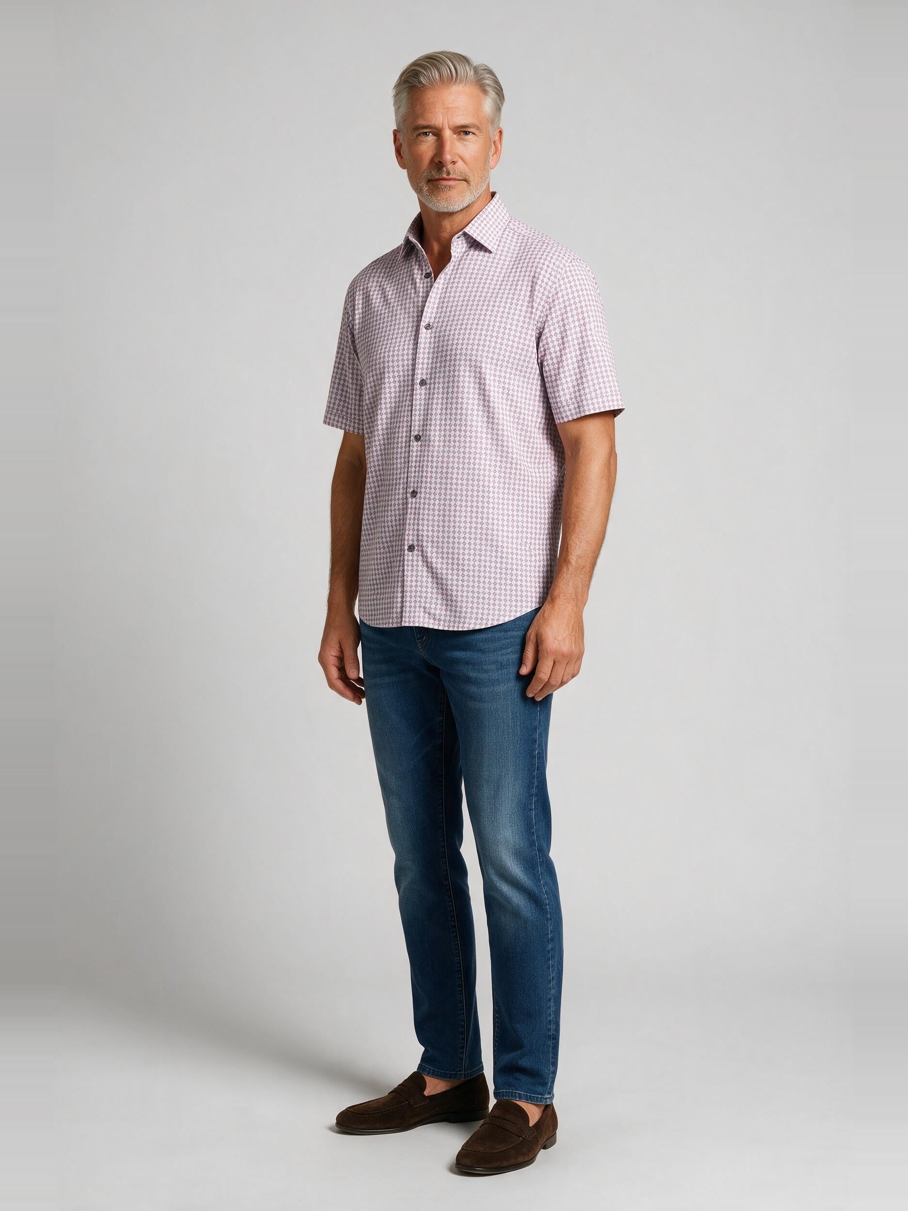 Bugatchi Ooohcotton S/S Miles Shirt, Orchid, worn with denim | Mondo Uomo Naples FL