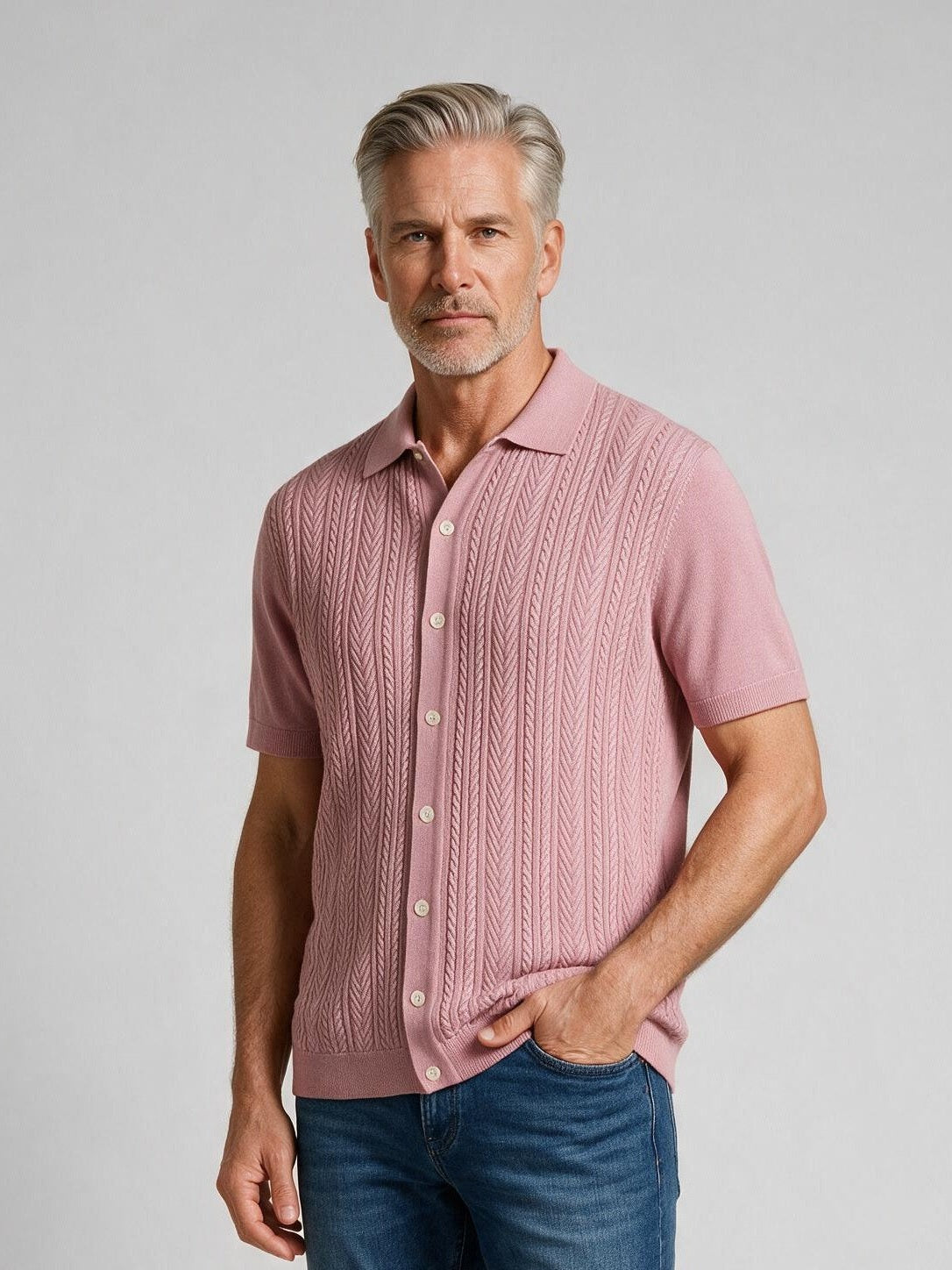 Bugatchi S/S Button front Knit Shirt, Dusty Pink, detail | Mondo Uomo Naples FL