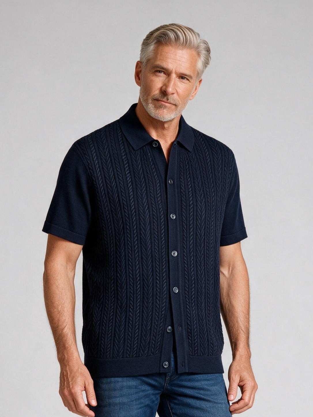 Bugatchi S/S Button front Knit Shirt, Navy, detail | Mondo Uomo Naples FL