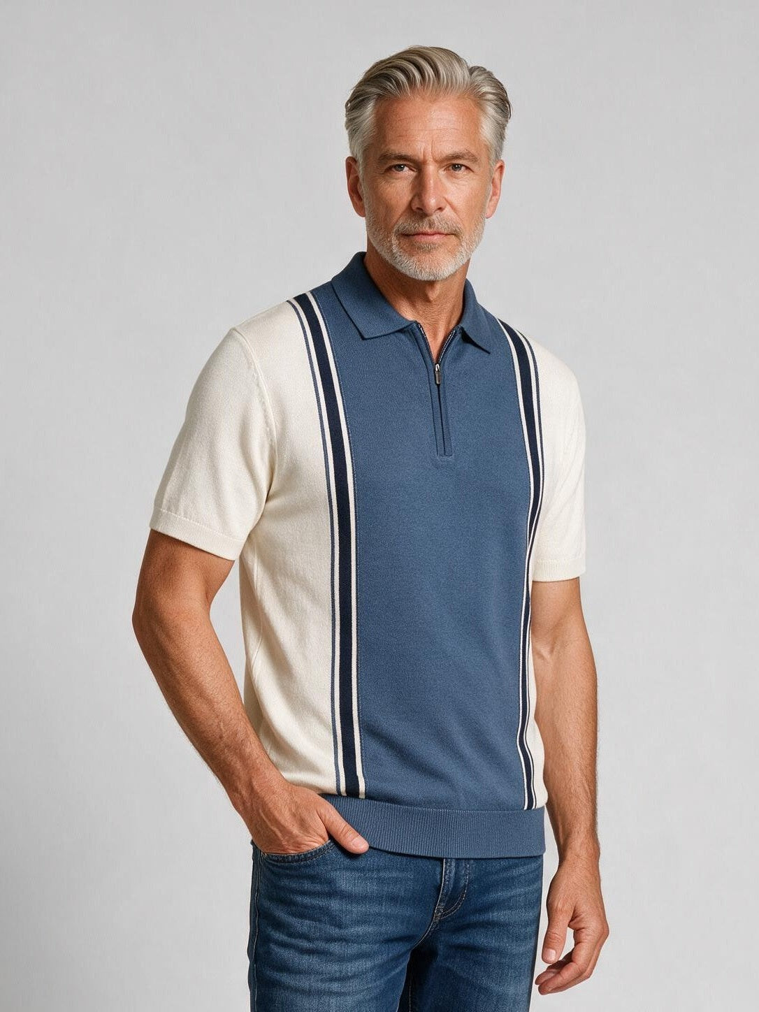 Bugatchi S/S Quarter-Zip Polo Sweater, Air Blue, detail | Mondo Uomo Naples FL