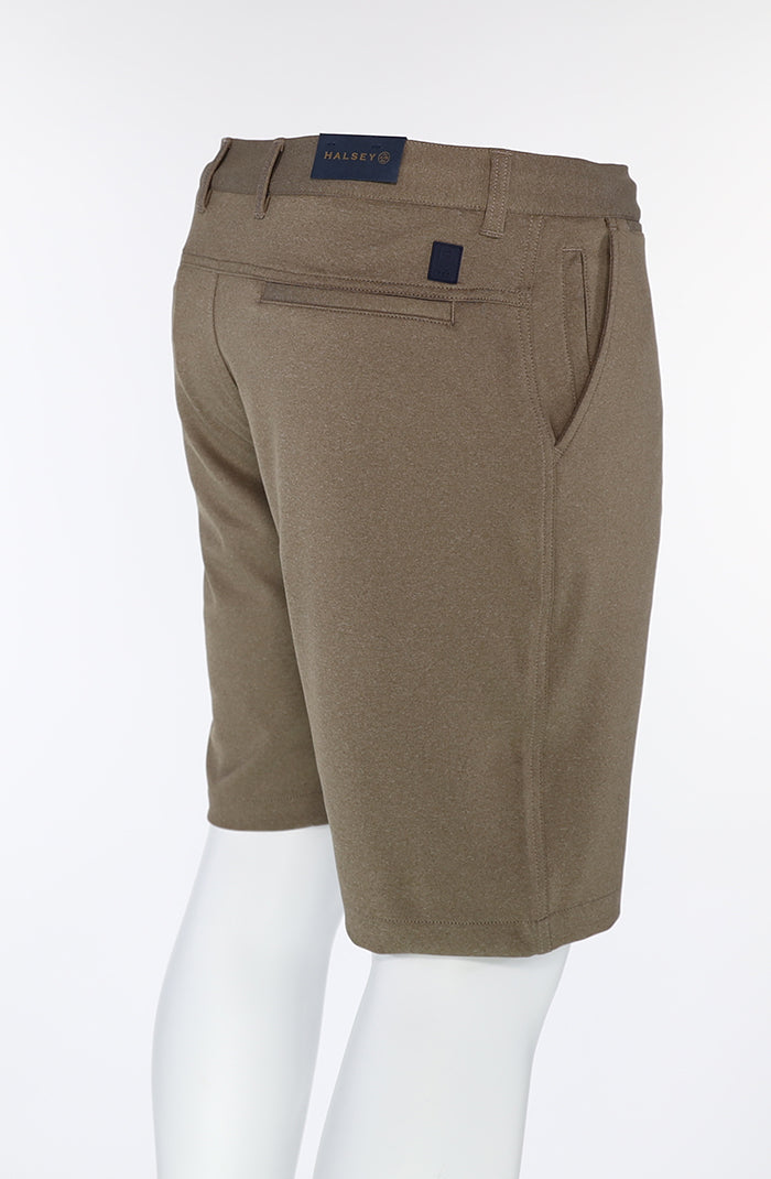 Halsey Breakwater Men’s Shorts in Dark Camel with Hidden Zipper Pockets Back Angled View