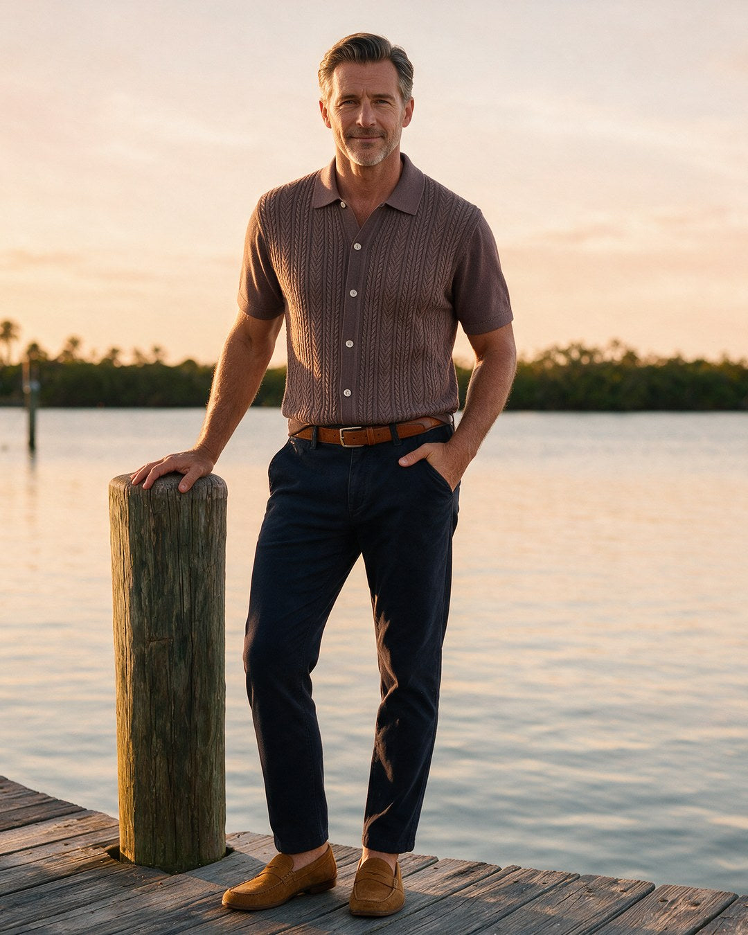 Bugatchi walnut cable knit with Alberto 1607 diamond brushed cotton in navy on a dock on Naples Bay at golden hour