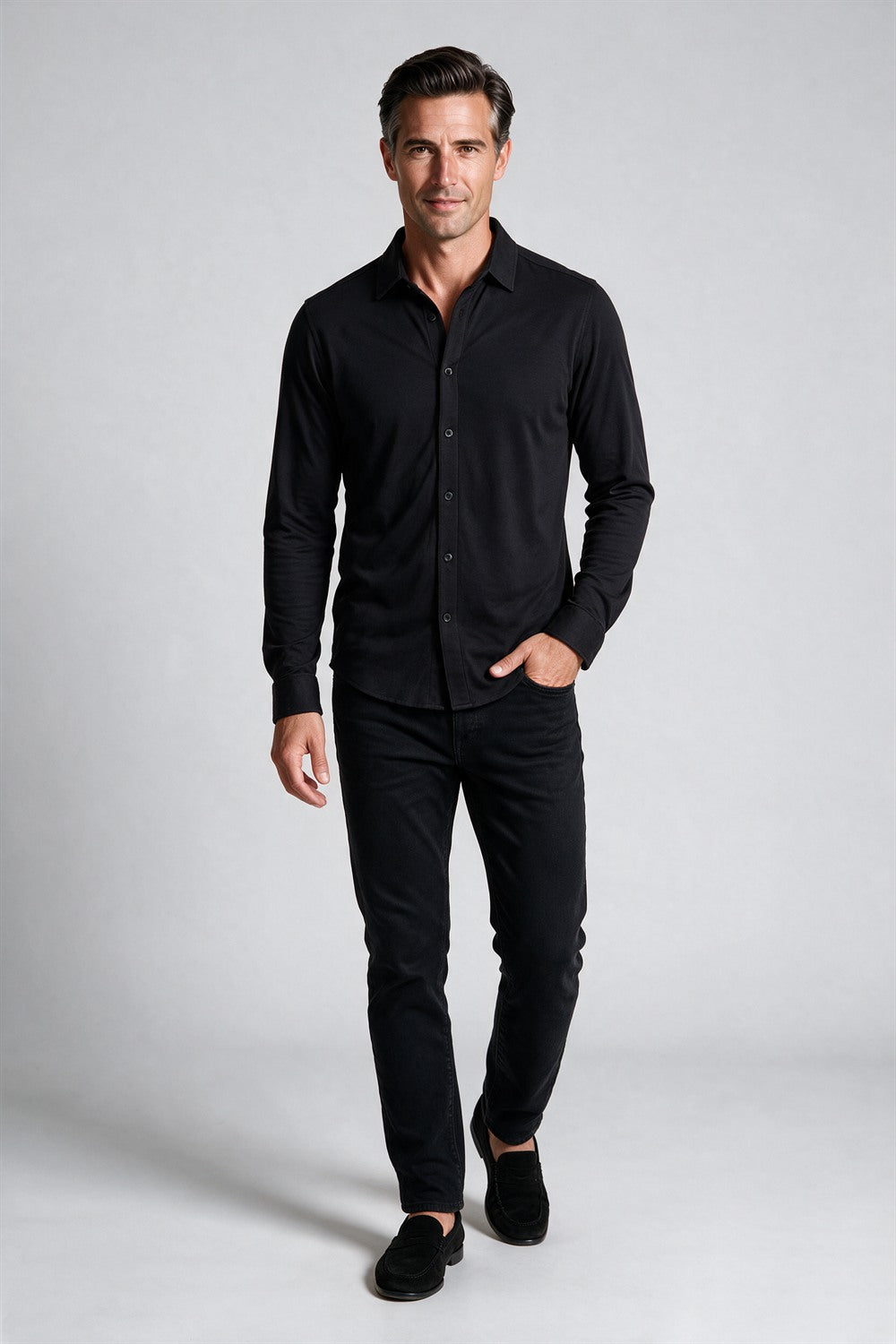 Raffi Aqua Cotton Marquee Shirt in Black – on model #Color_Black