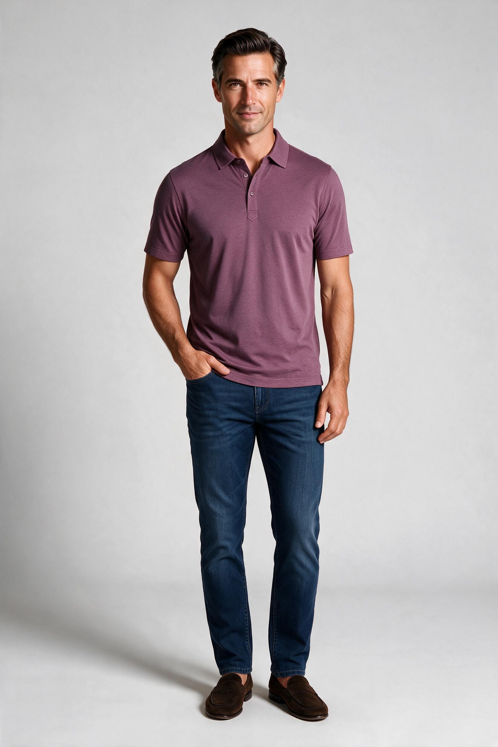 Raffi Aqua Cotton Sherwood Polo in Plum – on model #Color_Plum
