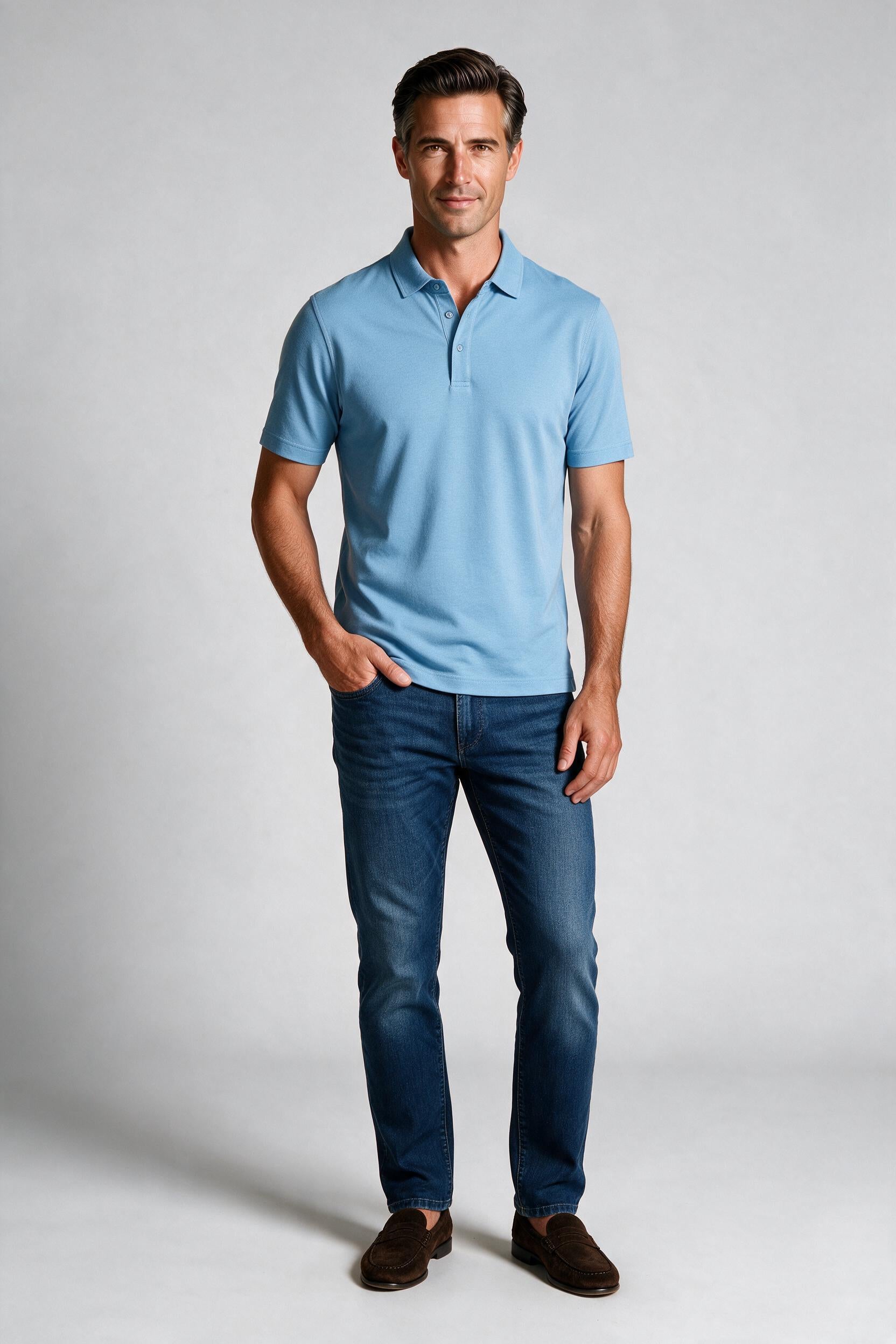 Raffi Aqua Cotton Sherwood Polo in Water – on model #Color_Water