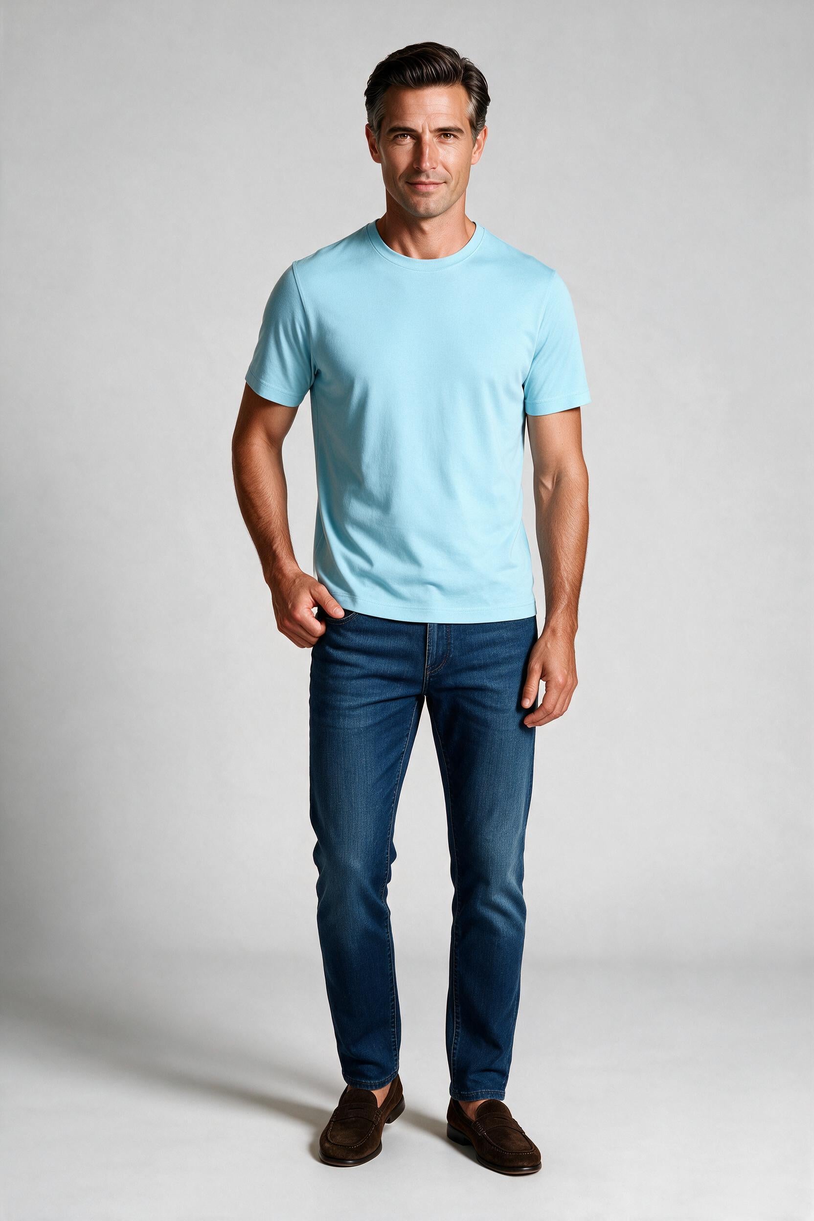 Raffi Aqua Cotton Lafayette Crew Neck Tee in Aqua – on model #Color_Aqua