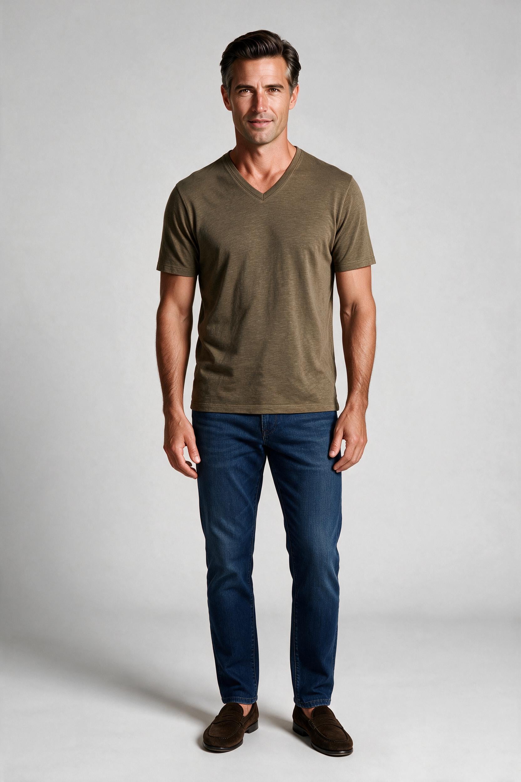 Raffi Aqua Cotton Noah V-Neck Tee in Army – on model #Color_Army
