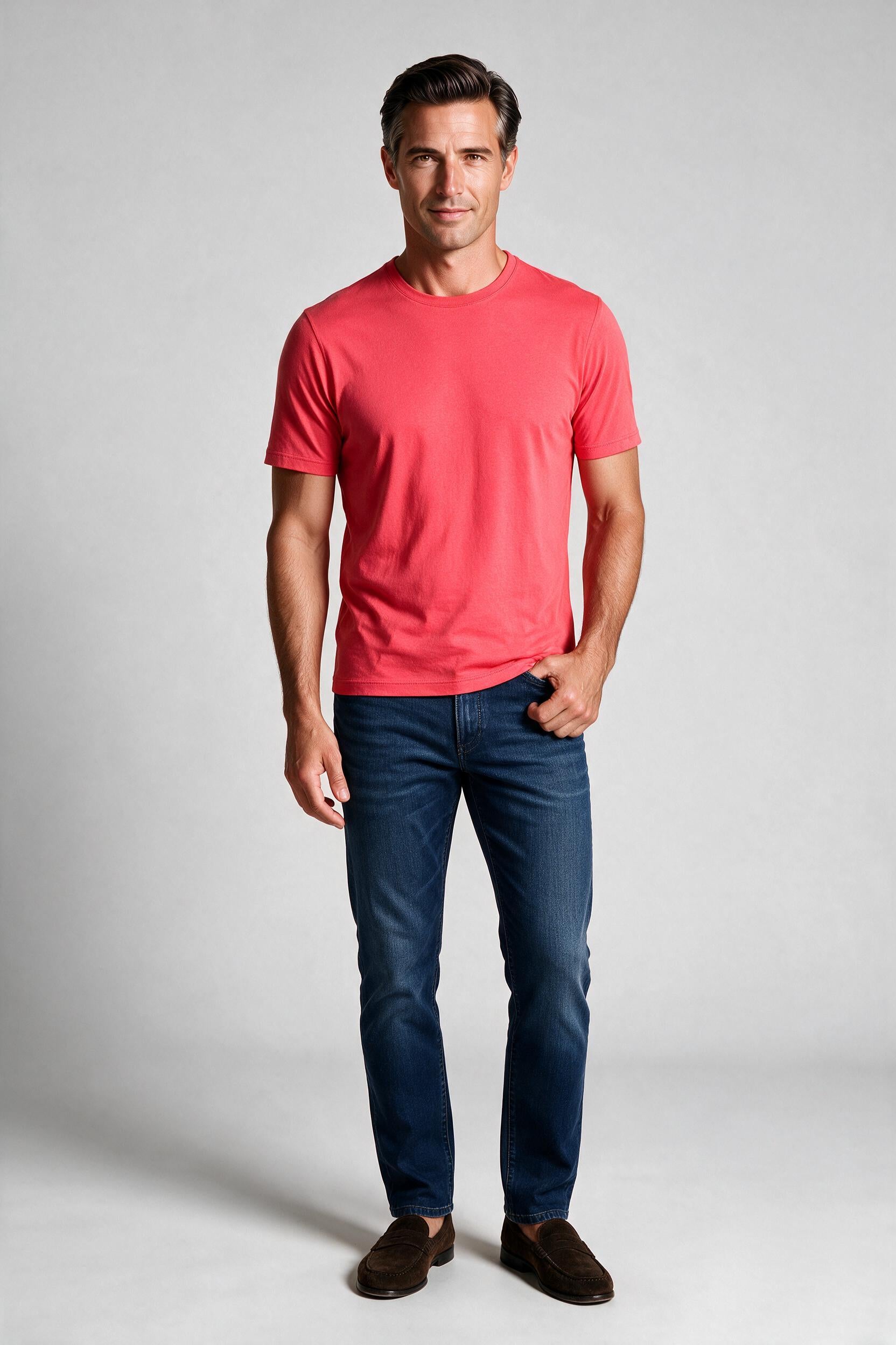 Raffi Aqua Cotton Lafayette Crew Neck Tee in Berry – on model #Color_Berry