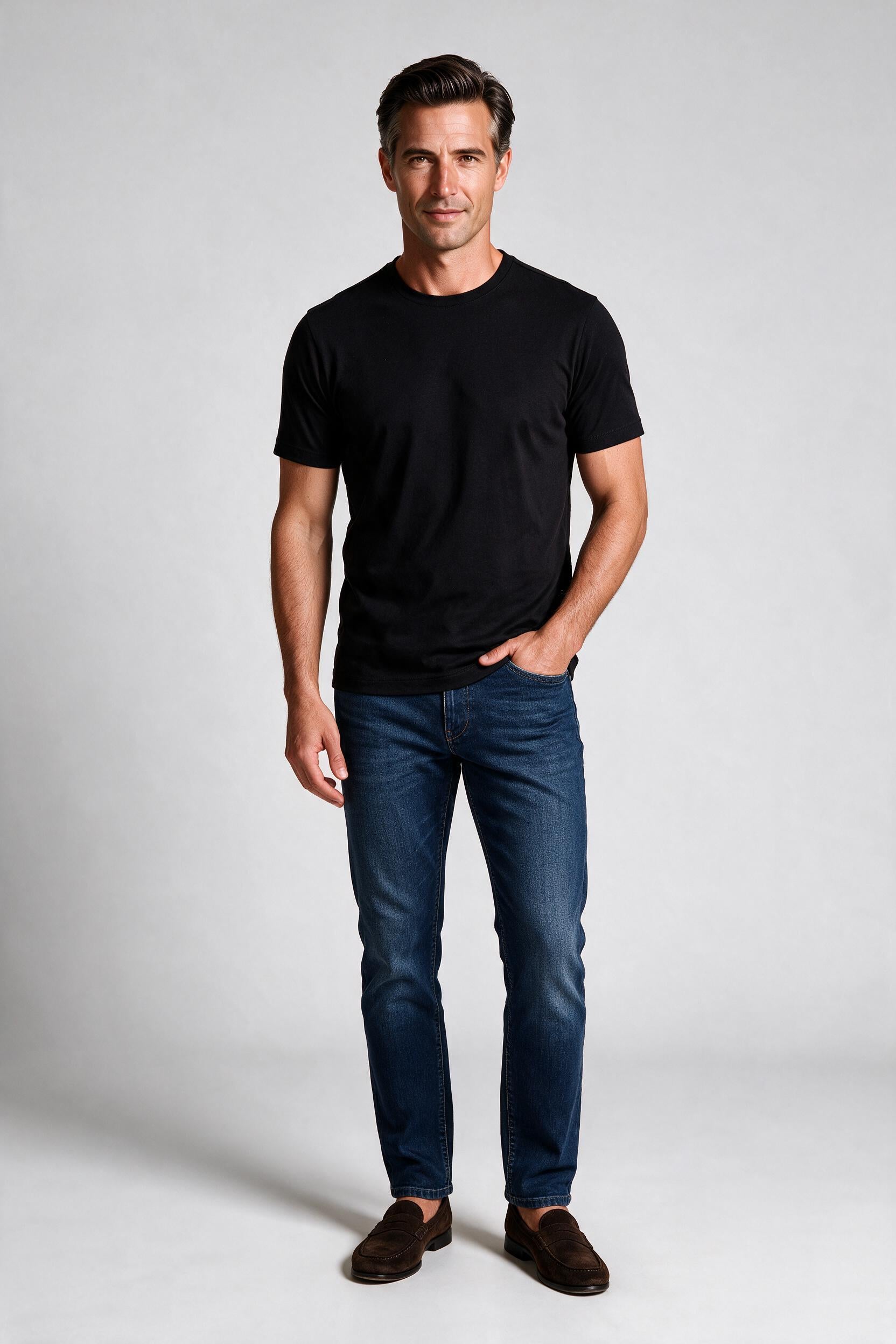Raffi Aqua Cotton Lafayette Crew Neck Tee in Black – on model #Color_Black